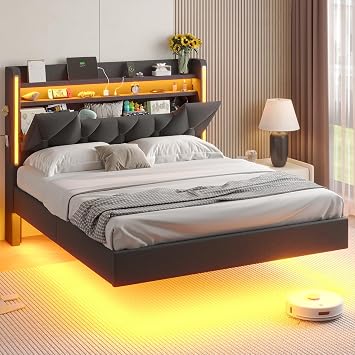 BYSAUD Queen Bed Frame with Headboard,Bed Frame Queen Size with LED Lights | Floating Queen Bed Frame with Storage Marshmallow Headboard, Charging Station,No Box Spring Needed,Noise-Free,Dark Gray