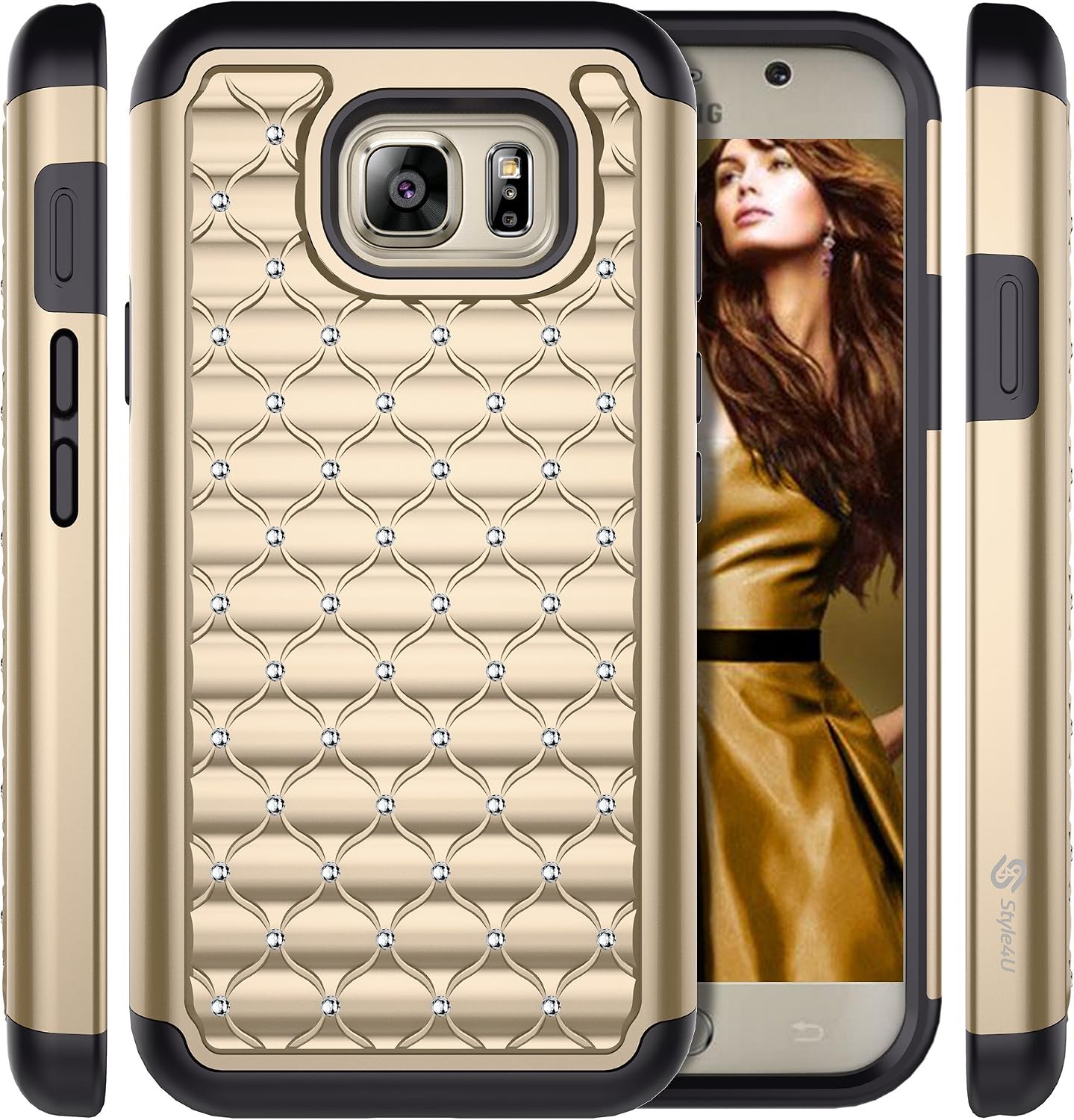 Style4U Galaxy S7 Active Case, S7 Active Case, Studded Rhinestone Crystal Bling Hybrid Armor Case Cover for Samsung Galaxy S7 Active [Not for Galaxy S7] with 1 Stylus [Gold/Black]