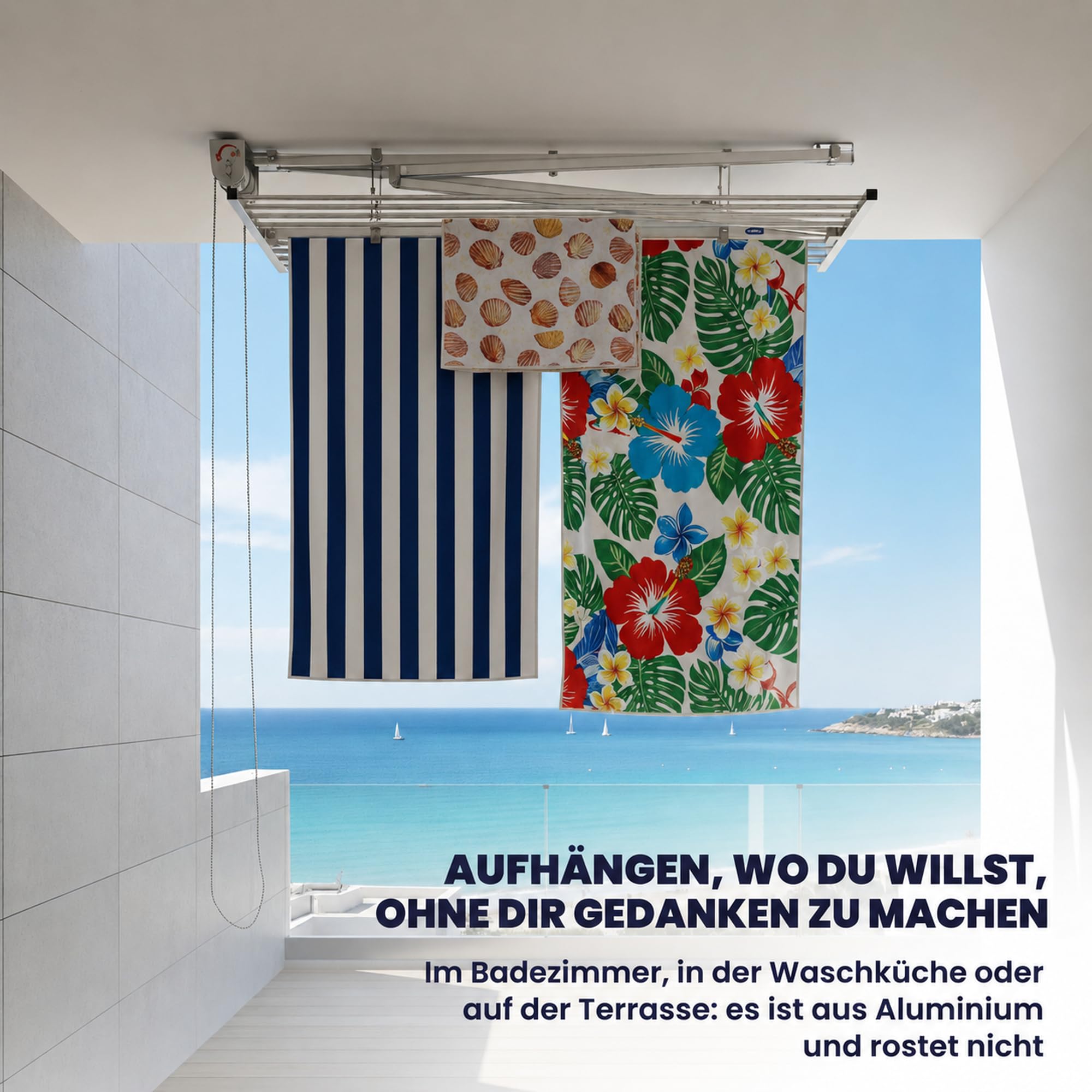 Foxydry Mini, klappbarer wäscheständer, deckenmontage, 128 cm | aus aluminium und edelstahl, platzsparend, für innen- und außenbereich, rostfrei, vertikales liftsystem, trägt 10 kg, grau