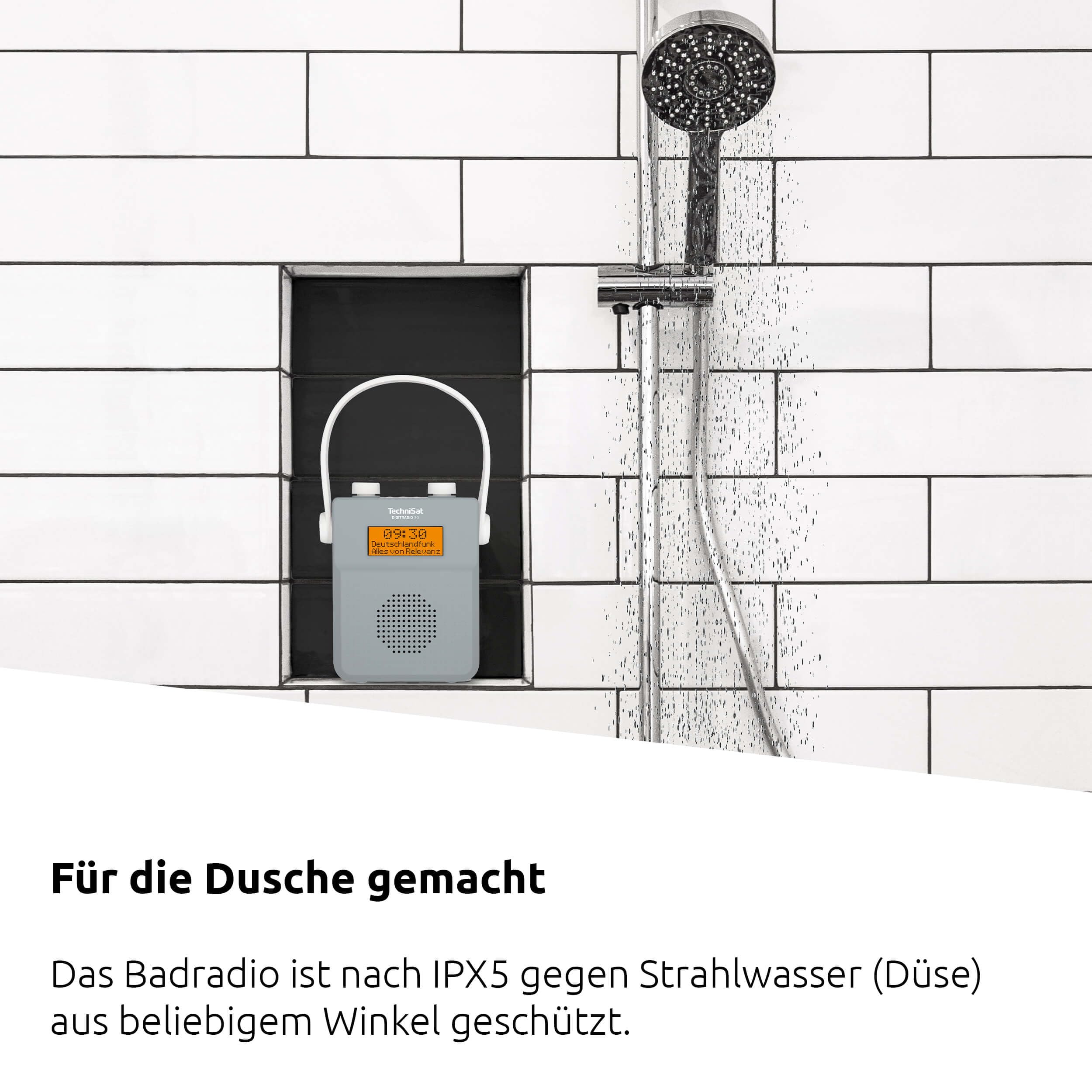 TechniSat DIGITRADIO 30 - wasserdichtes DAB+ Duschradio (UKW, DAB Digitalradio, integrierter Akku, Bluetooth, wasserdicht nach IPX5, Wecker, Favoritenspeicher, Kopfhörer-Anschluss) grau