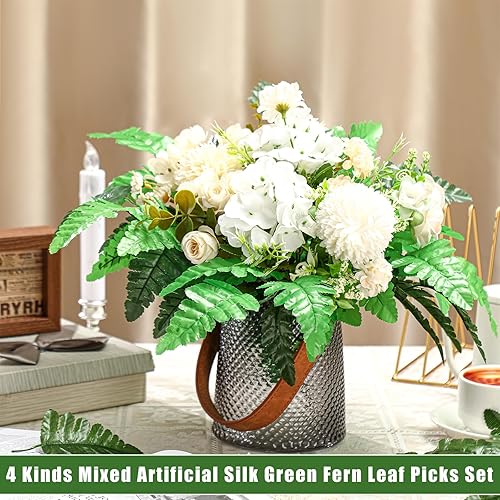 Miniatura 4 de Zeyune 48 piezas de helecho de hoja de cuero verde de seda artificial, 4 estilos, tallos de vegetación falsa, 15.8 pulgadas, 14.6 pulgadas, hojas de