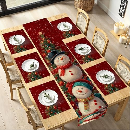 Juego de manteles individuales y camino de mesa de muñeco de nieve y árbol de Navidad, 7 piezas (1 camino de mesa + 6 manteles individuales), diseño