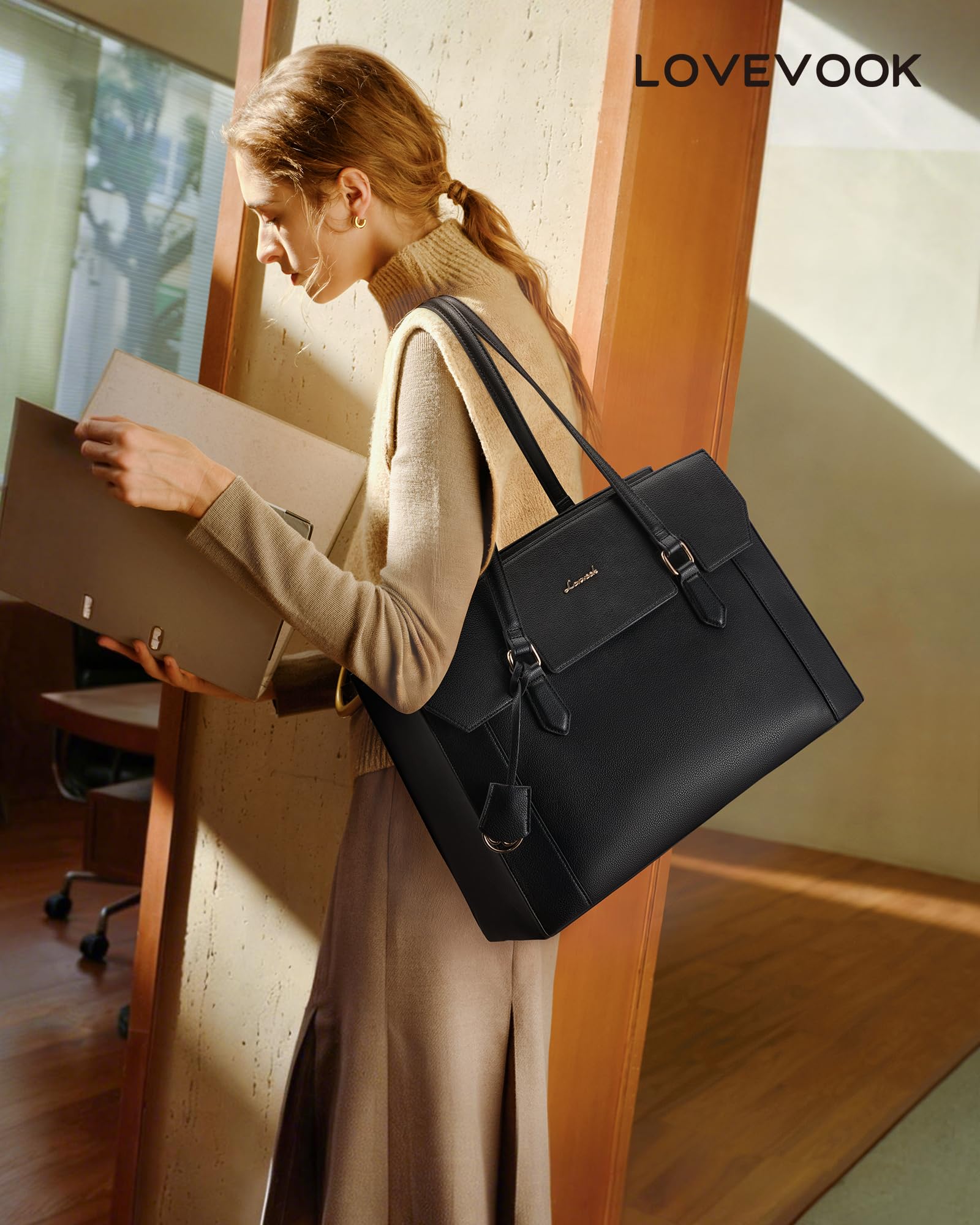 LOVEVOOK Laptop Tote Bag for Women,Computer Work Bag With Large Cup Holder,15.6 Inch Waterproof PU Leather Purse Briefcase for Teacher - 3