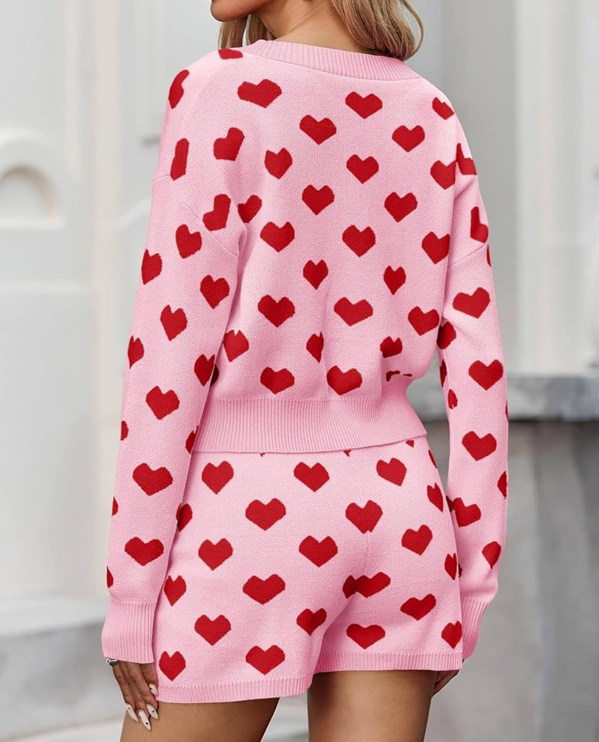 Womens Valentine's Day Sweater Sets Heart Knit Long Sleeve Cropped Cardigans High Waisted Shorts 2 Piece Outfits - Image 5