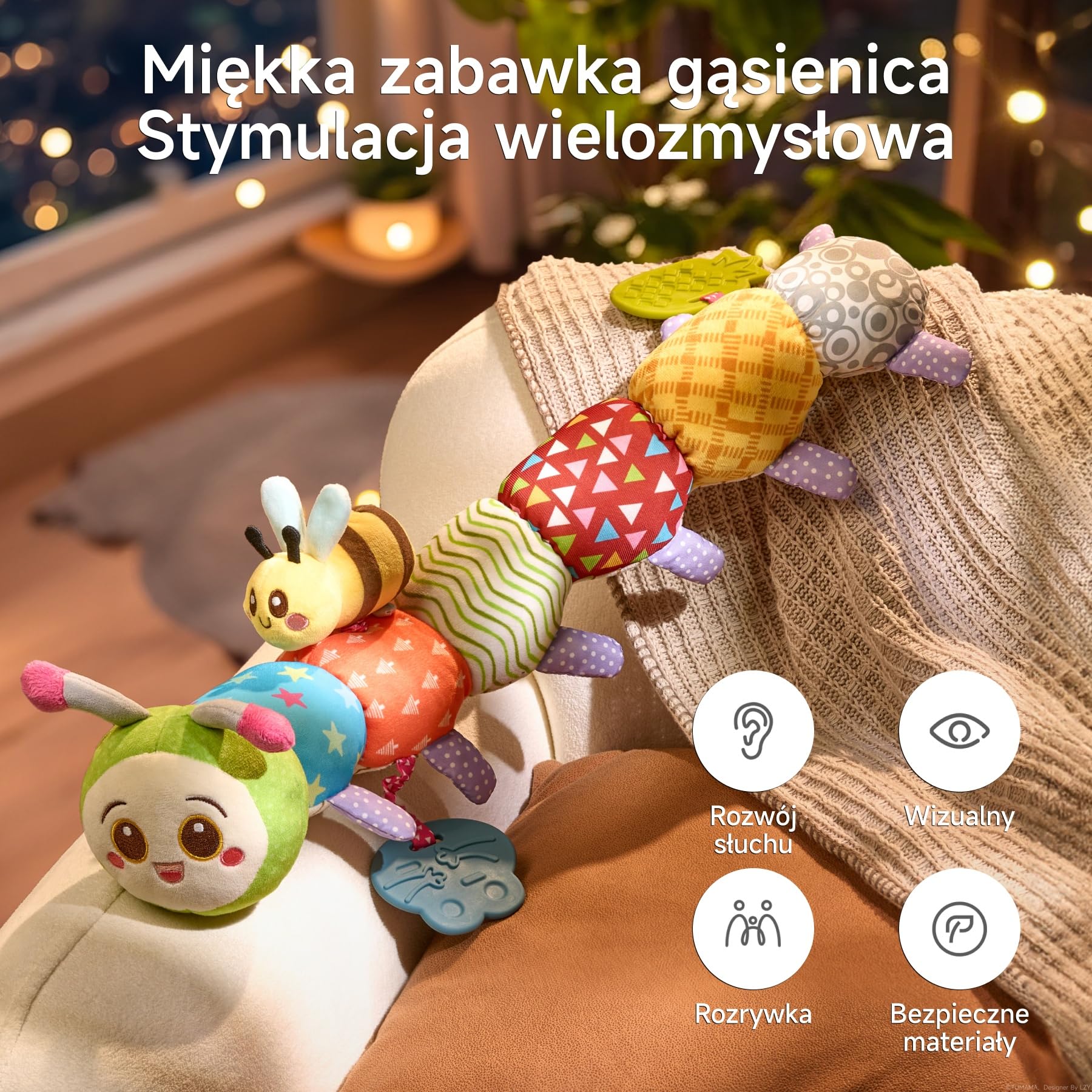 TUMAMA KIDS Zabawki dla niemowląt 0 3 6 miesięcy gąsienica sensoryczna Montessori zabawka dla dziewczynki , pluszowa zabawka dla niemowląt z grzechotką, gryzak, marszczony papier
