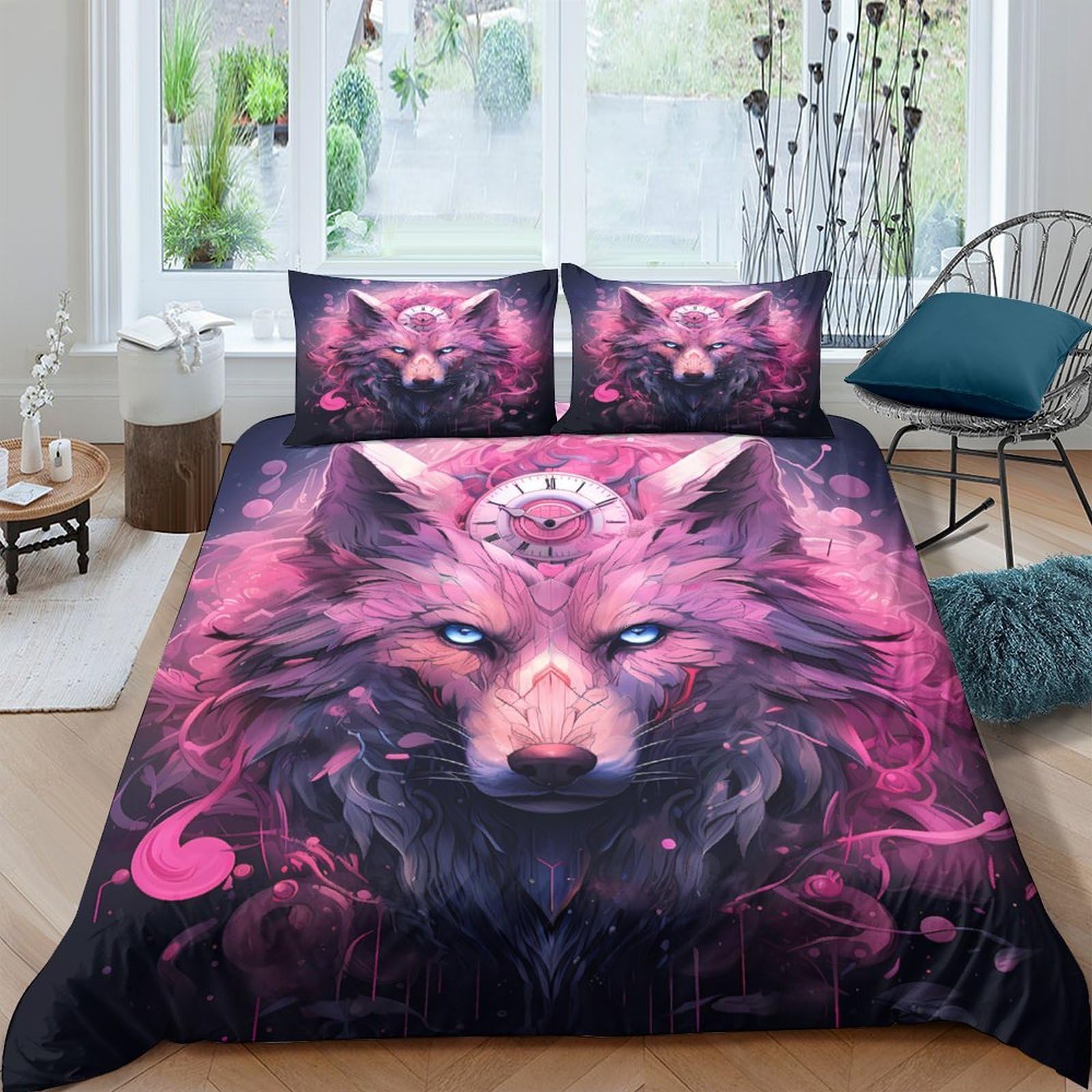 Ctjqhvkz Style-5 3D Printed Mystic Wolf Fitted Sheet Microfiber Purple Smoky Forest Bed Cover For Bedroom Dorm Bed Protection Decor Single（135X200cm）