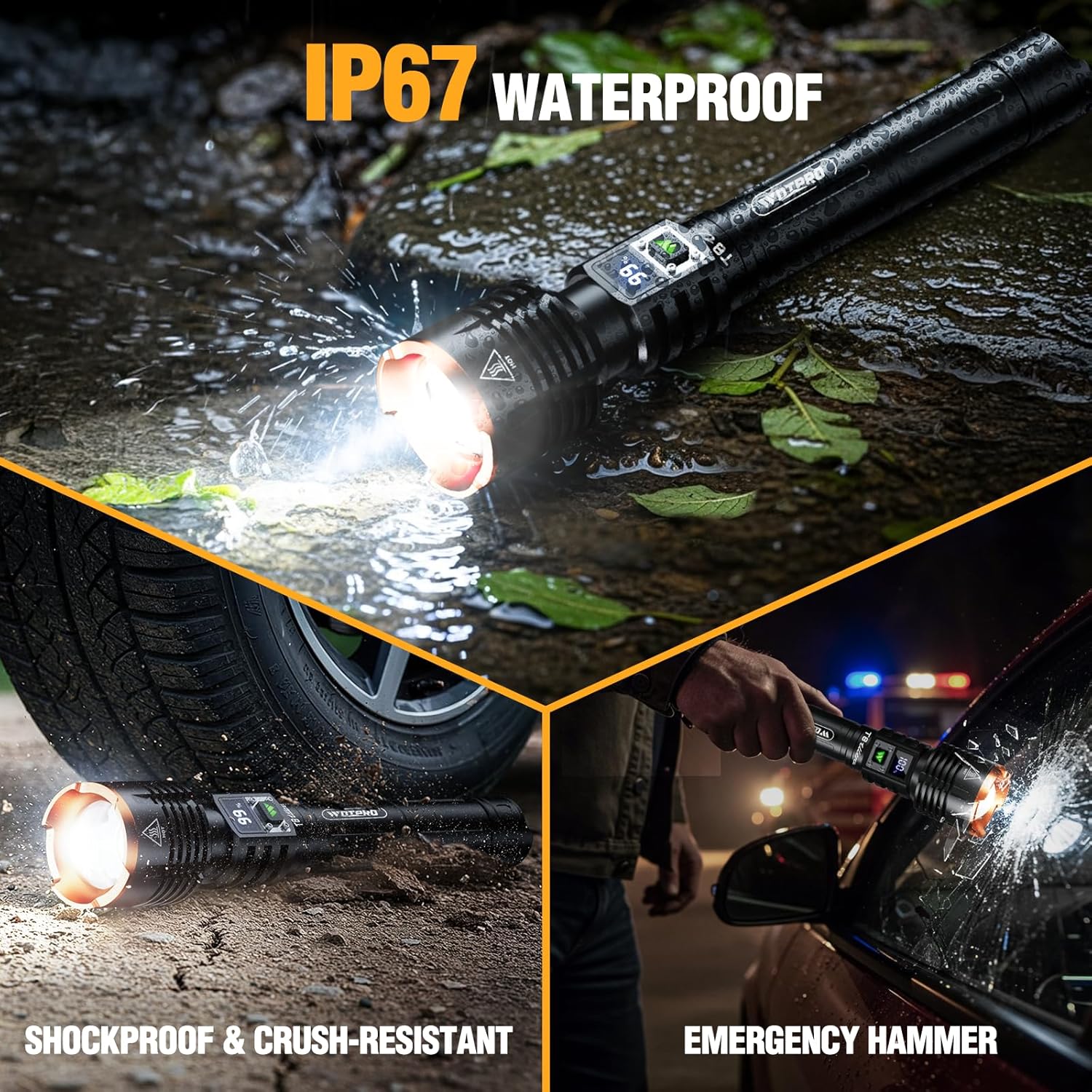 WdtPro Rechargeable LED Flashlights High Lumens, Super Bright 90000LM Rechargeable Flashlight with LCD Display, 5 Modes & Waterproof Powerful 10000mAh Handheld Flashlight for Camping Emergency
