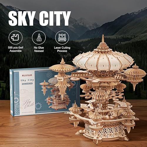 Miniatura 6 de Rompecabezas de madera 3D para adultos, kit de modelo de caja de música SkyCity, más de 600 piezas, diseño de paisaje urbano, desafiante artesanía