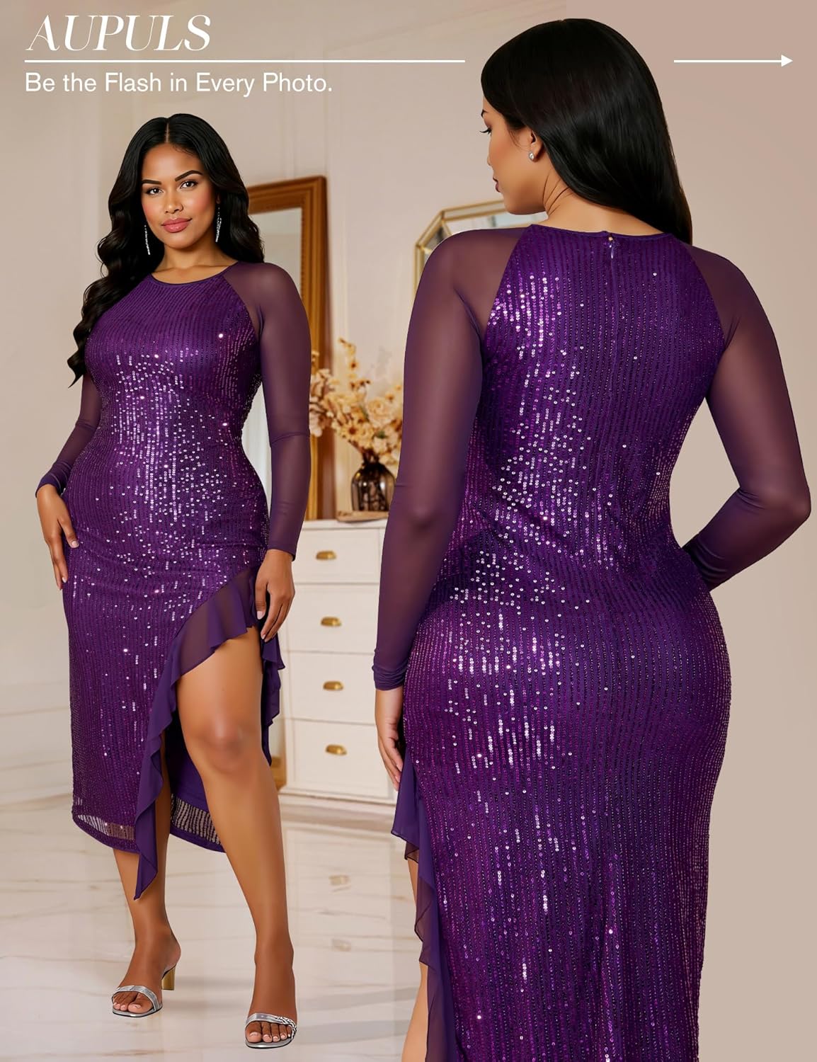 Aupuls Womens Sparkly Prom Dress with Sleeves Cocktail Dresses for Women Semi Formal - Image 2