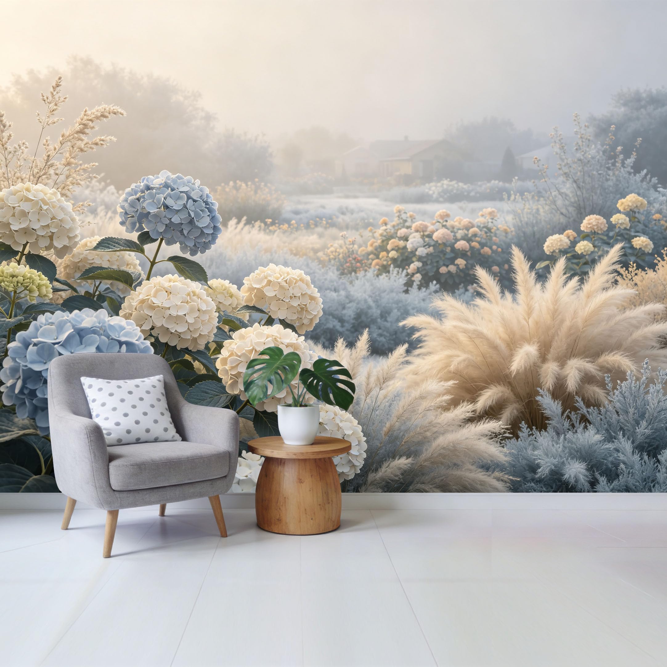 Qzlithotic Yq2605250678 Custom Size Wall Mural Botanical Hydrangea Flowers Misty Morning Landscape Watercolor Selfadhesive Wall Fabric Removable Wallpaper For Home Office Decor