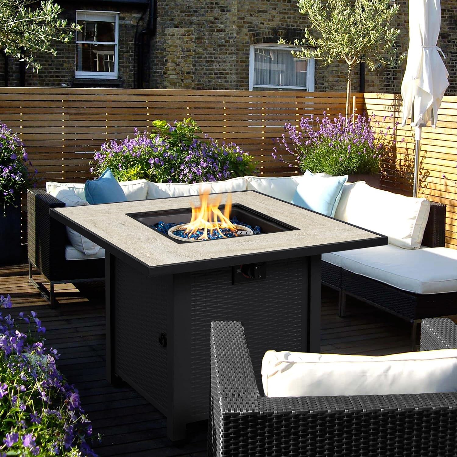 Yaheetech Propane Gas Fire Pit 30 Inch 50,000 BTU Square Gas Firepits with Ceramic Tabletop and Fire Glass, Multi-Function Outdoor Heating Fire Table for Garden/Patio/Courtyard/Party, Black