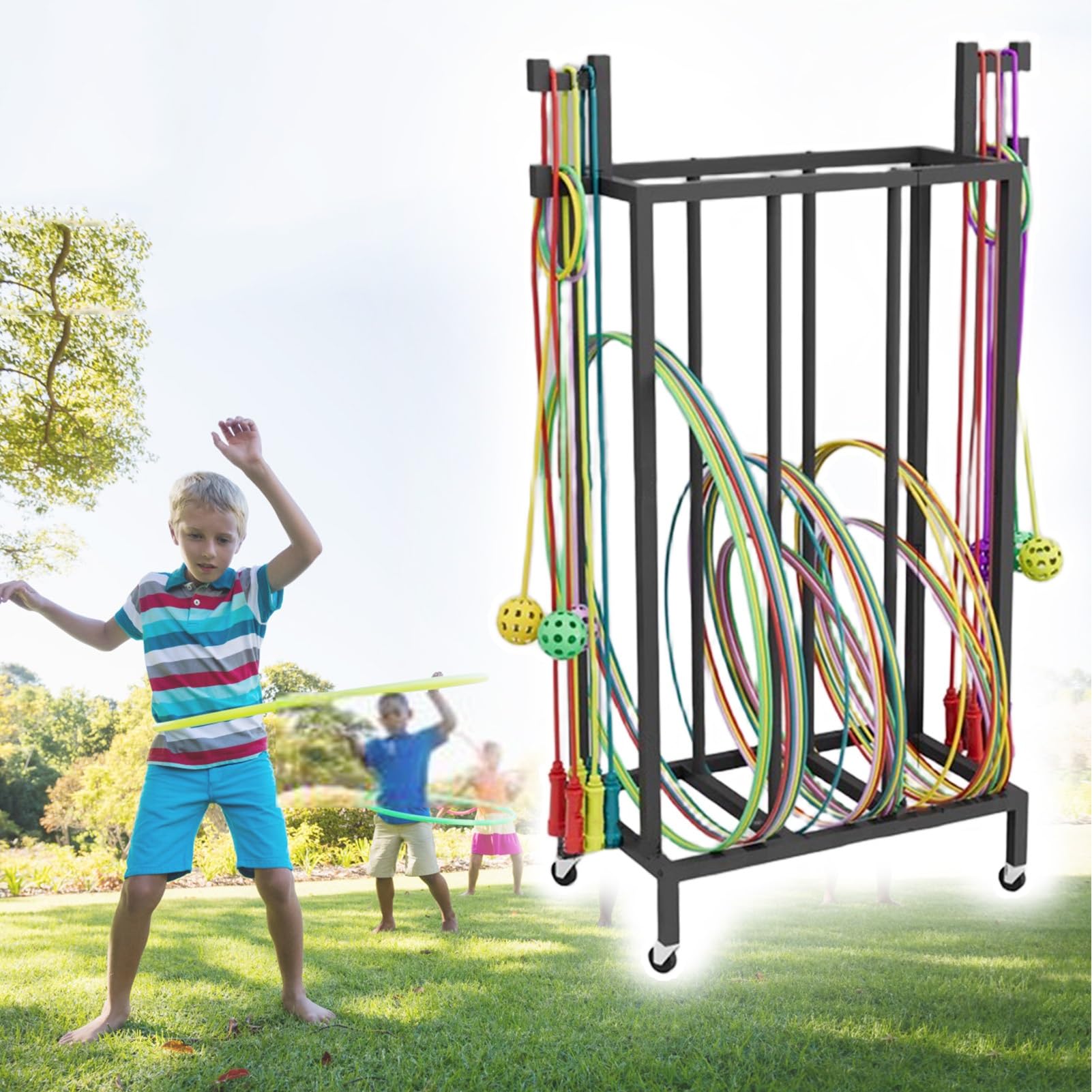 ZIMGOD Hula Hoop Stand Indoor Outdoor Jump Rope Holder, Mobile Sport Equipment Storage Cart, Space-Saving Fitness Hoop Organizer Racks for Yoga Exercise