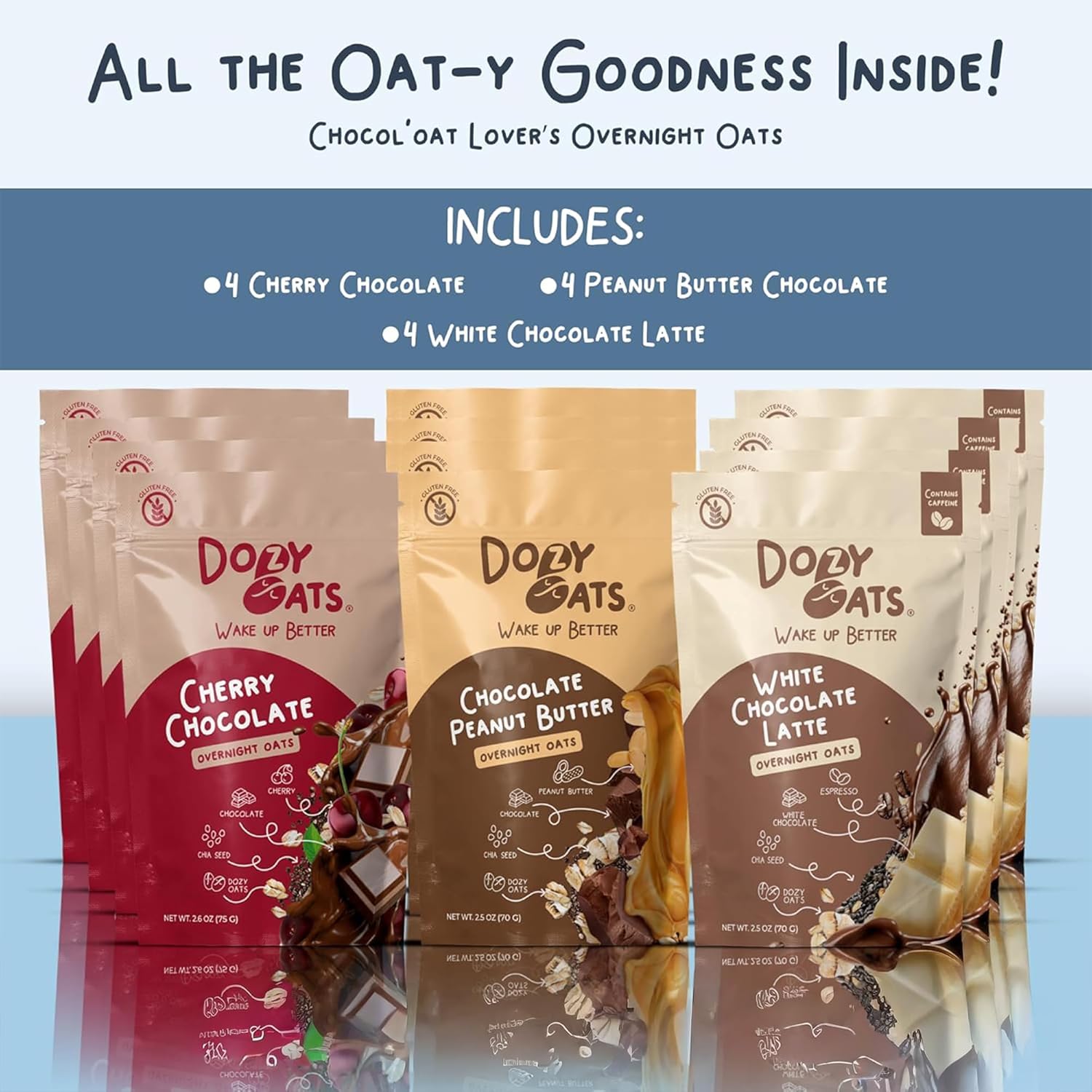 Dozy Oats Overnight Oatmeal Packets, Chocol'oat Lover’s Variety Box with Rolled Oats, Chia Seeds, and Date Powder. Gluten-Free, Natural Source of Protein and Fiber, 12-Pack