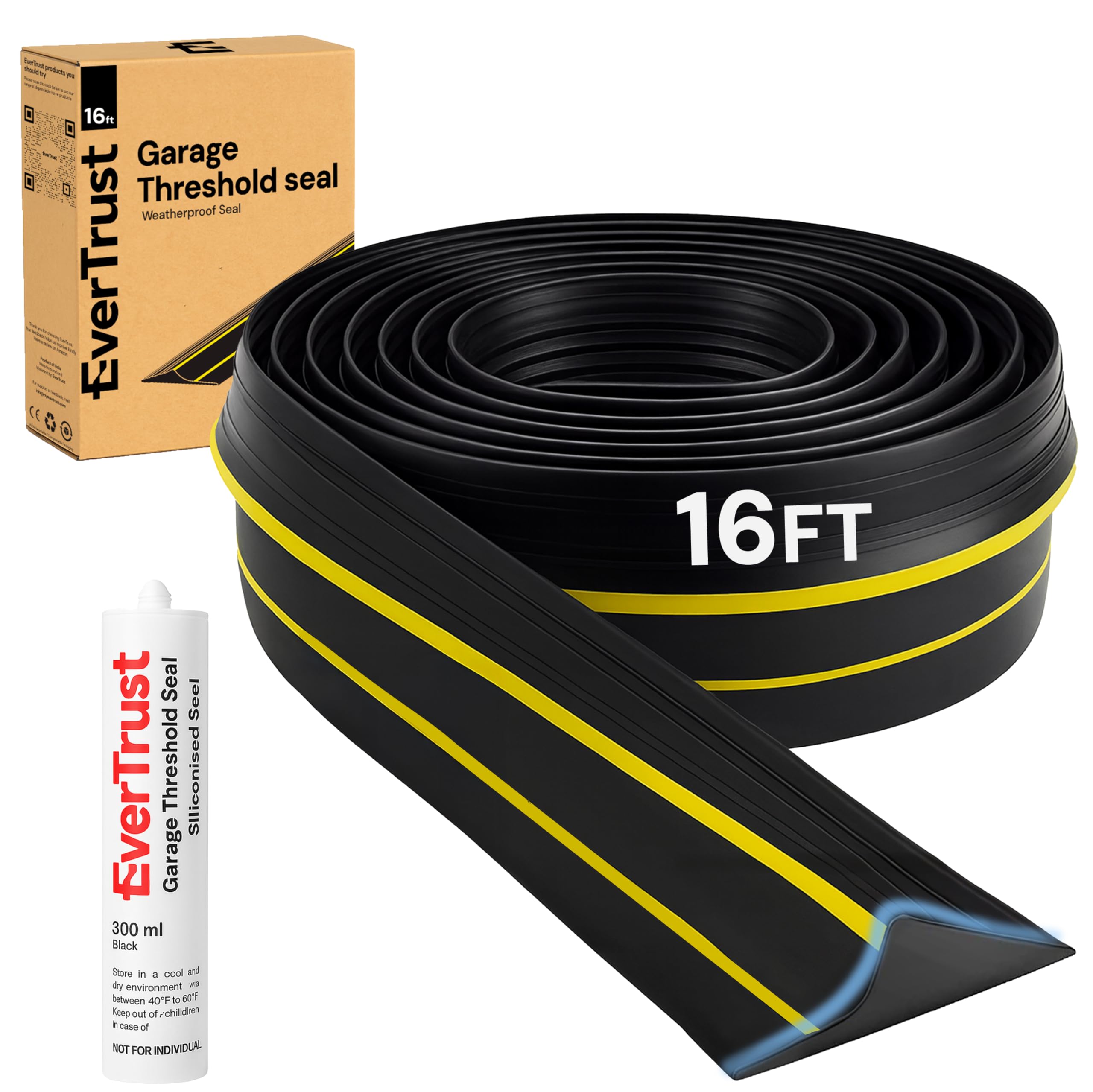 Tira de sellado para umbral de garaje. Kit de repuesto de tira de goma EPDM resistente a la intemperie para bricolaje. Tira de 16 pies + 1 adhesivo sellador de 300 ml (16 pies)