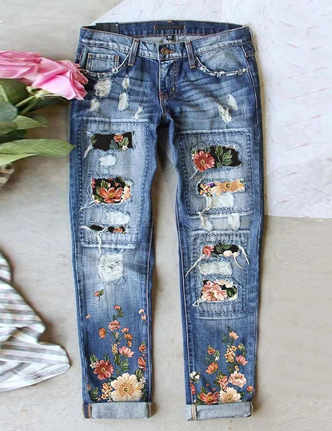 Ripped Patch Jeans for Womens Plaid Patch Boyfriend Skinny Distressed Casual Denim Pants with Hole - Image 2