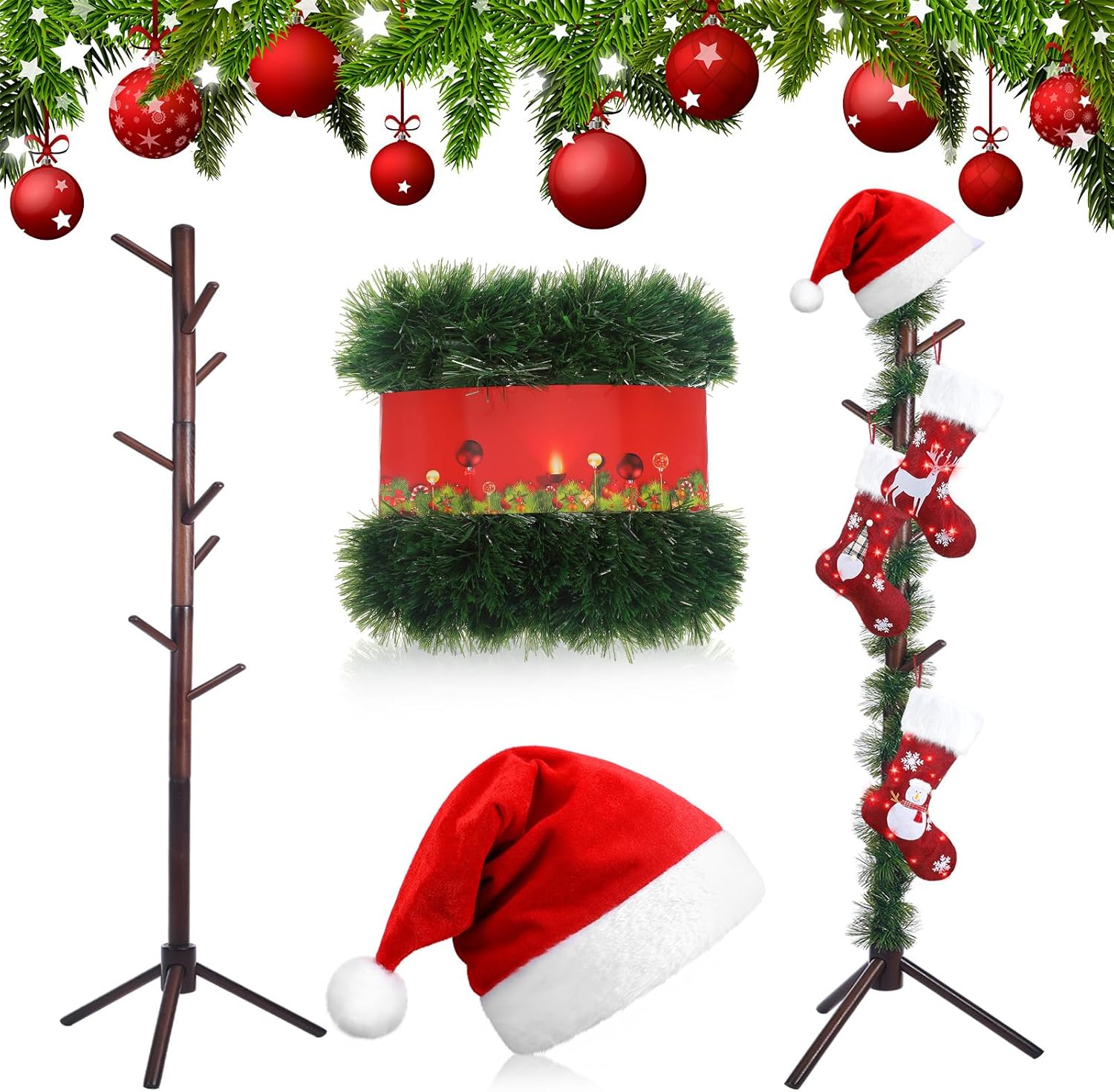 70 Inch Christmas Stocking Holder Stand Freestanding Wooden Stocking Holder Rack with 8 Hooks Christmas Stocking Hangers with Artificial Christmas Garland and Santa Hat for Xmas Holiday Home