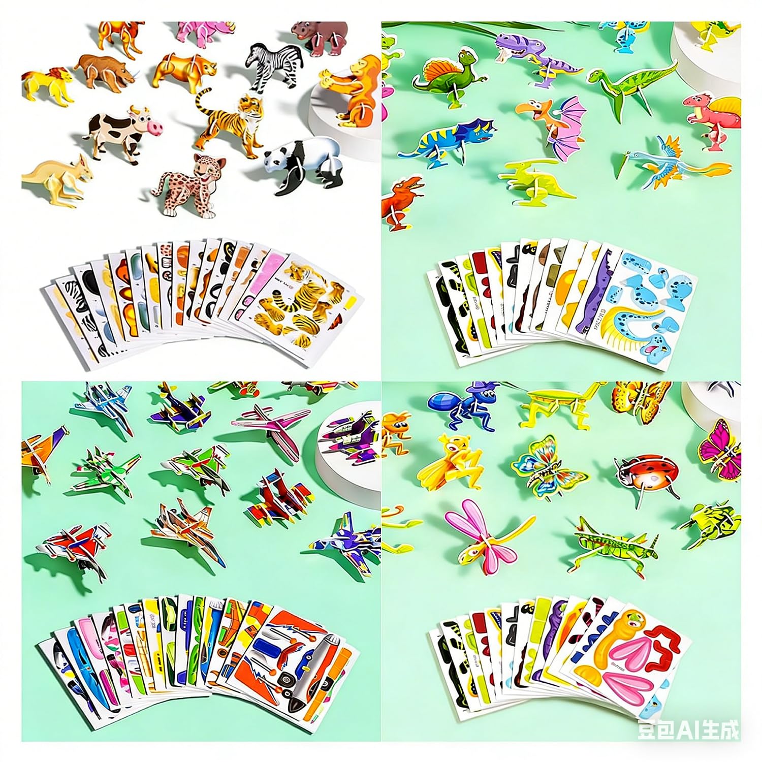 3D Puzzles for Kids, 25/100PCS 4 in 1 Educational Cartoon Puzzle Set with Animals Dinosaurs Insects Aircraft, Sensory Crafts for Teenagers, Fun Birthday Gift for Boys Girls (All(100 pcs))