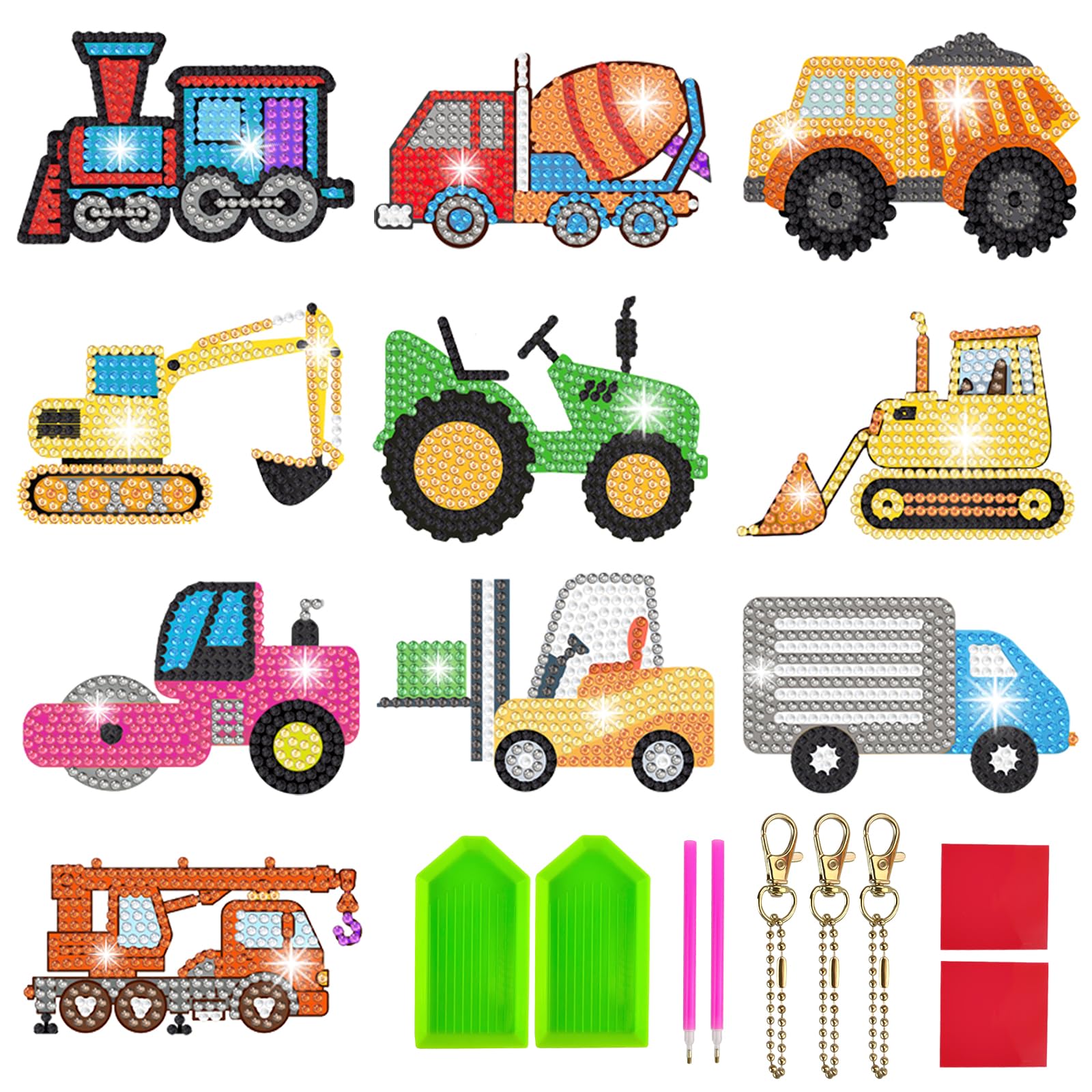 makstore 10 PCS DIY Diamond Painting Art Kit for Kids, Truck 5D Diamond Painting Keychain, Diamond Art Keyrings Kit for Gift, Key Pendant, Bag Decor