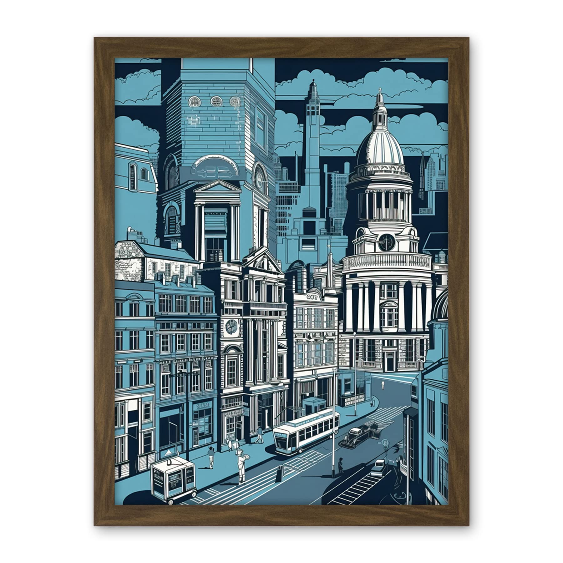 Artery8 Belfast Cityscape City Centre Hall Linocut Style Artwork Framed Wall Art Print 18X24 Inch