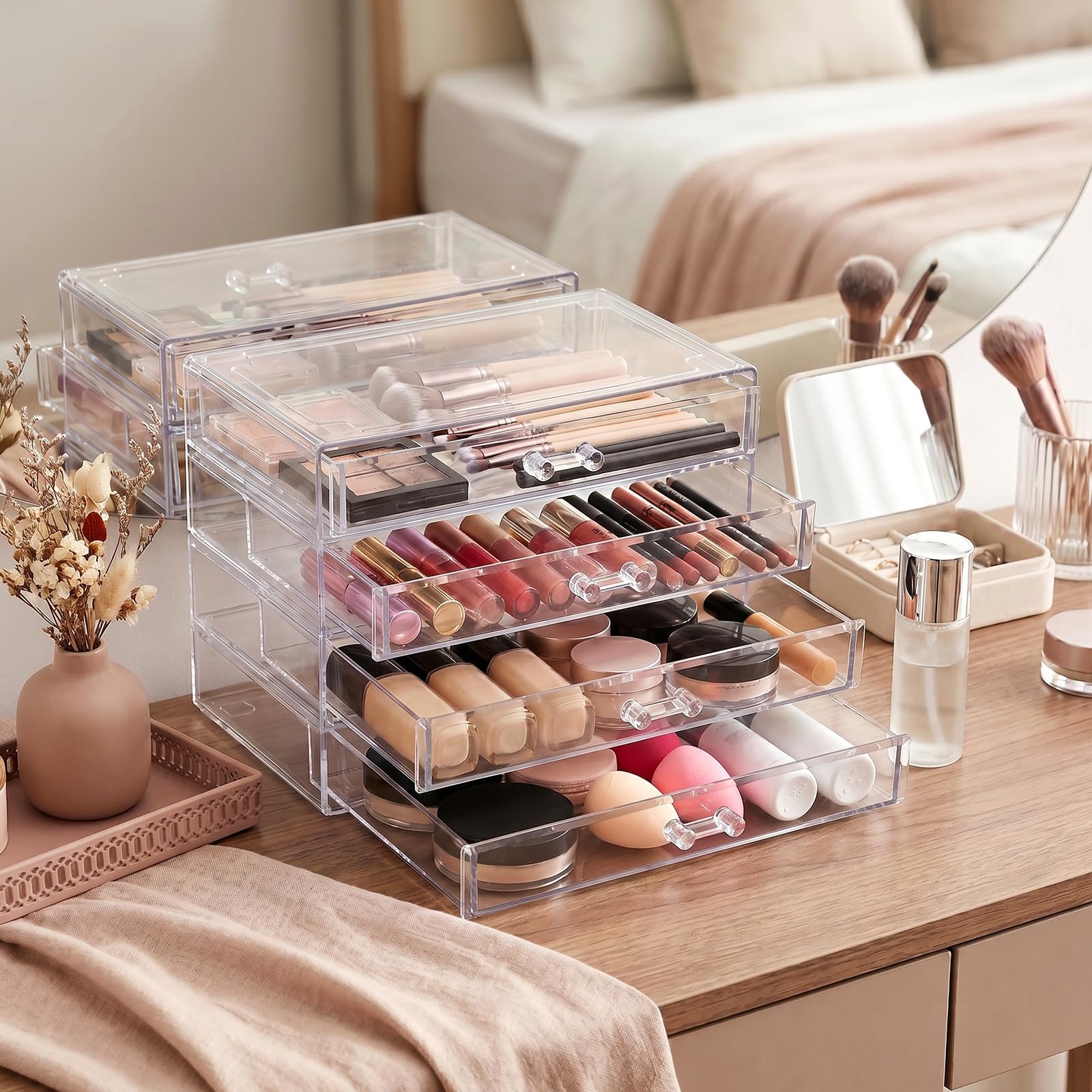 Caja de Cosméticos Grande de Acrílico Transparente Tipo Cajón | Cuatro Compartimentos, Diseño Cerrado para Reducir Oxidación, Almacenamiento Doméstico para Barras y Artículos