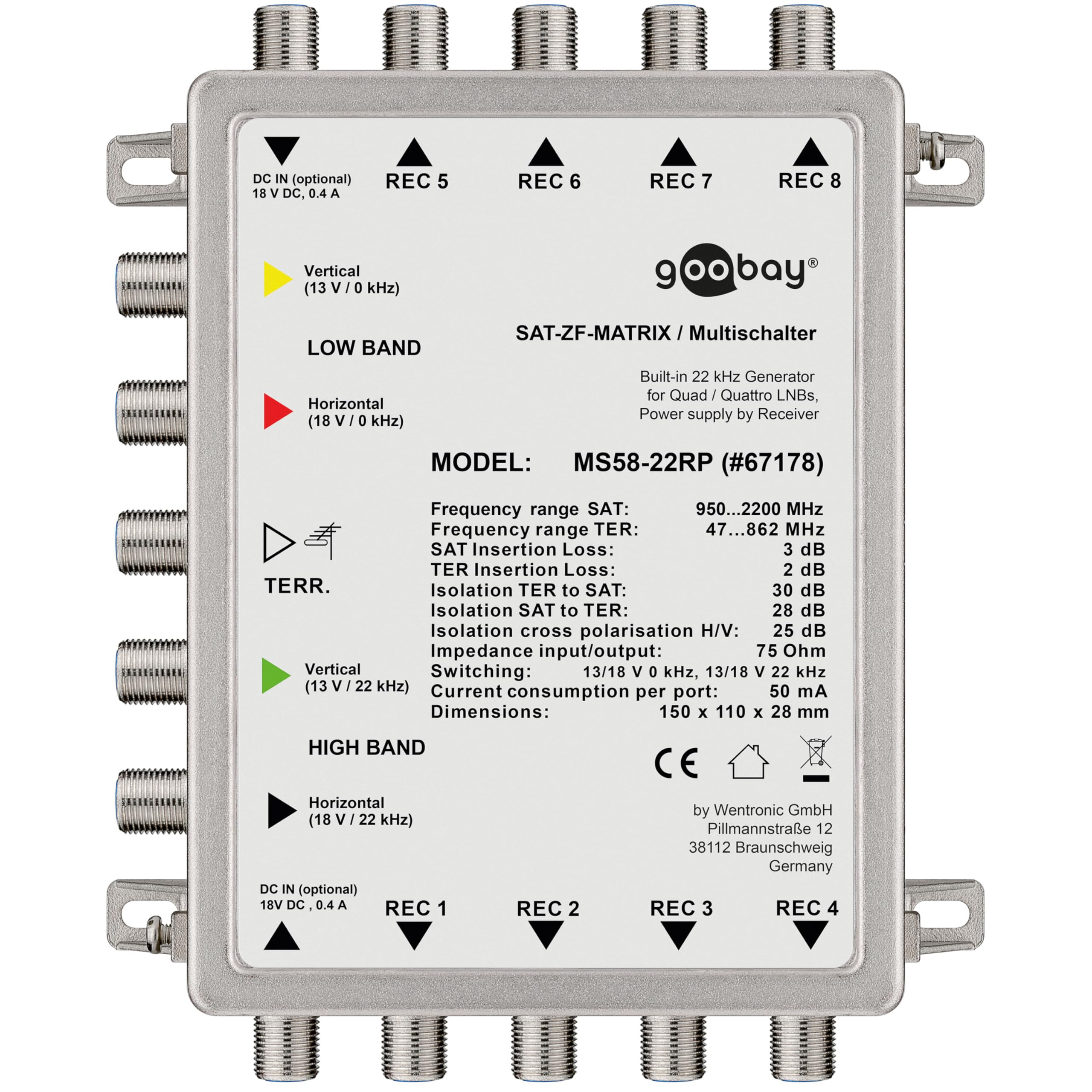 Goobay 67178 Multiswitch SAT passivo 5 ingressi / 8 uscite - switcher per max. 8 utenti di un satellite