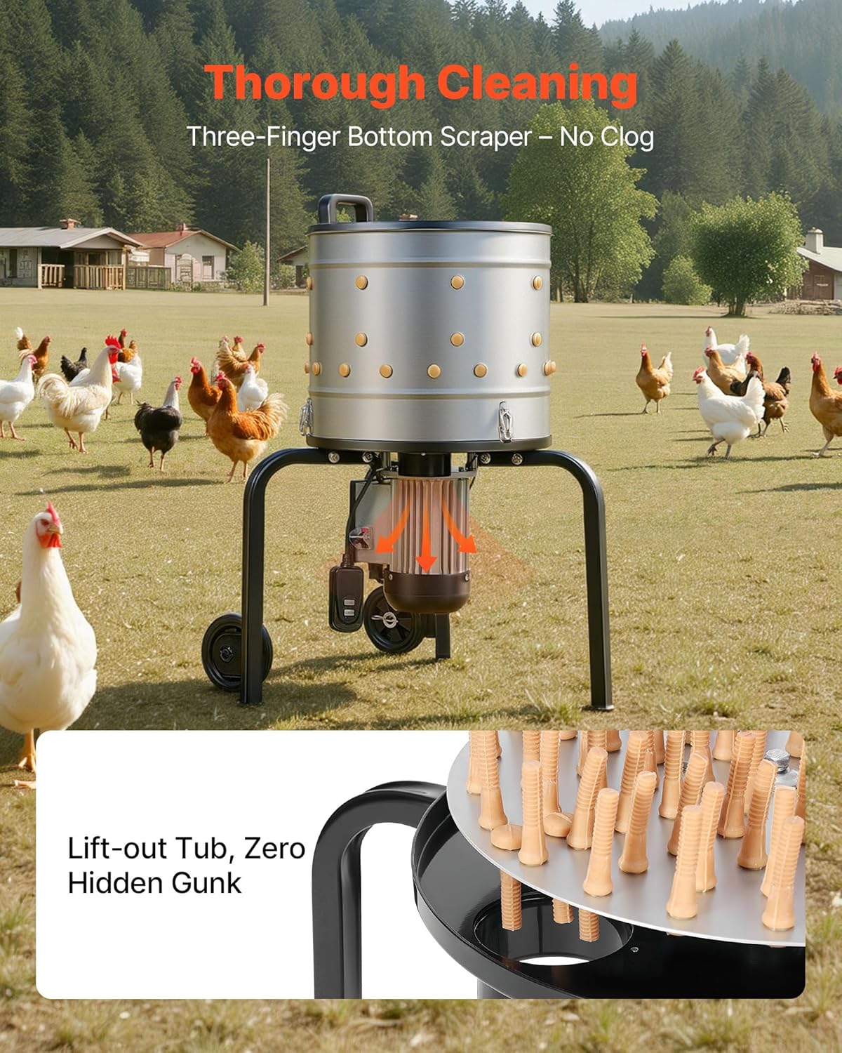 VEVOR Chicken Plucker Machine, 15.7 in Drum, 550W & 275RPM Electric Chicken Plucking Machine with 114 Soft Fingers & Transport Wheels, Stainless Steel Feather Remover for Processing 1-2 Chicks Once