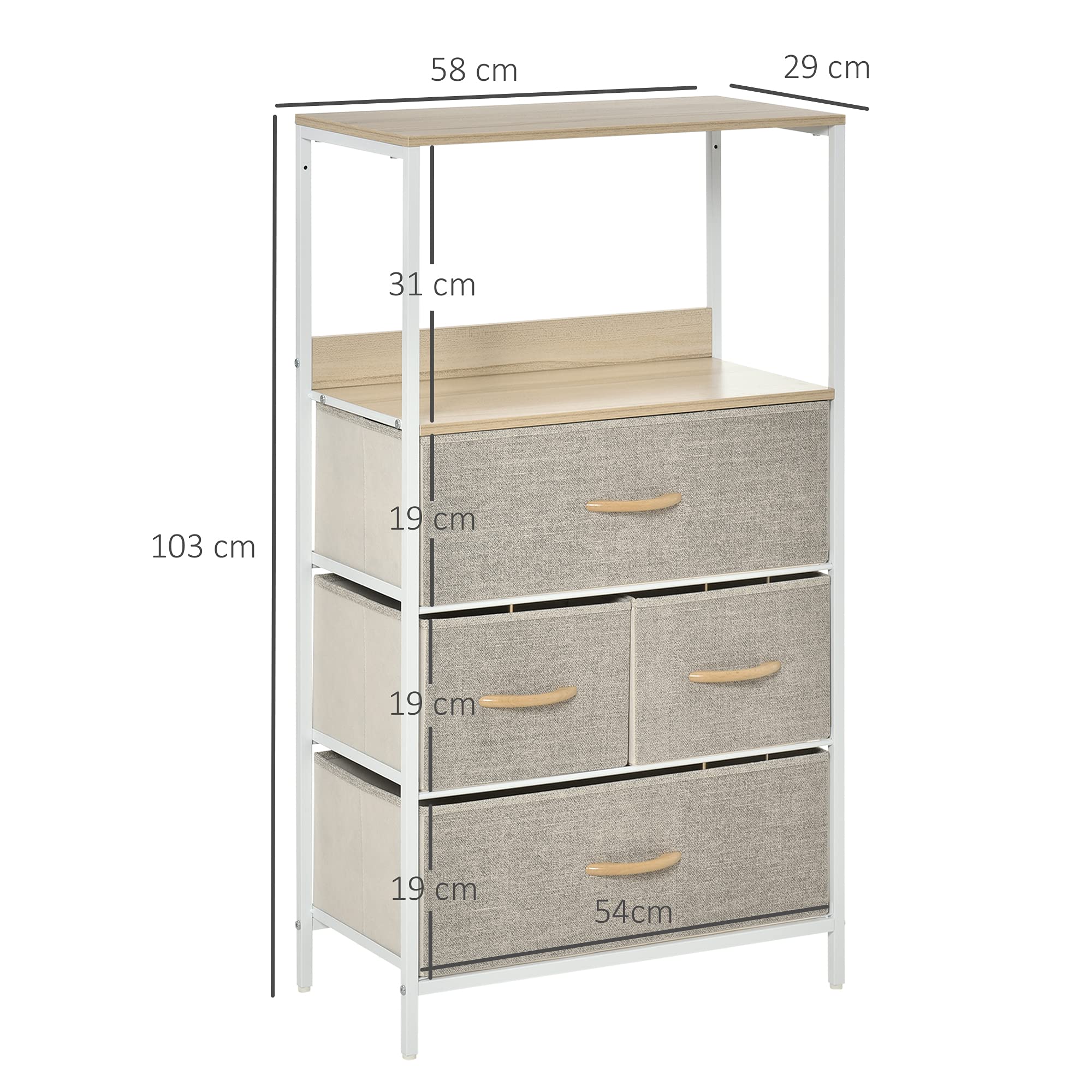 HOMCOM Cómoda con 4 Cajones Cajonera de Tela Compartimento Abierto Gris | Estructura Metálico, Dormitorio, Pasillo