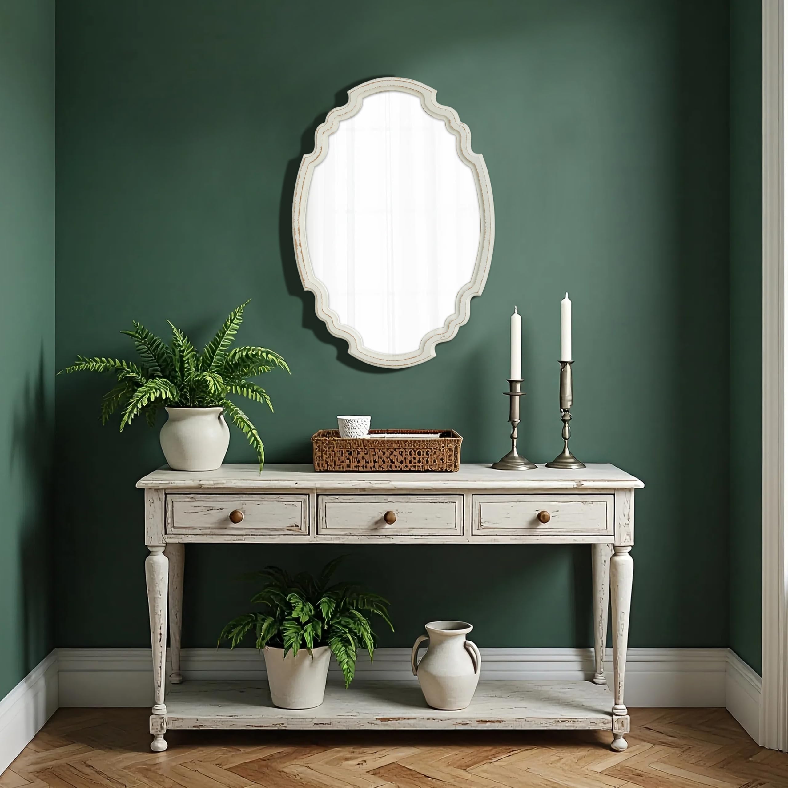 Vintage Miroir Ovale Blanc 60 x 40 cm, Miroirs Muraux avec Cadre en Bois, Miroir Mural Design pour Salle de Bain, entrée, Salon, Bhambre