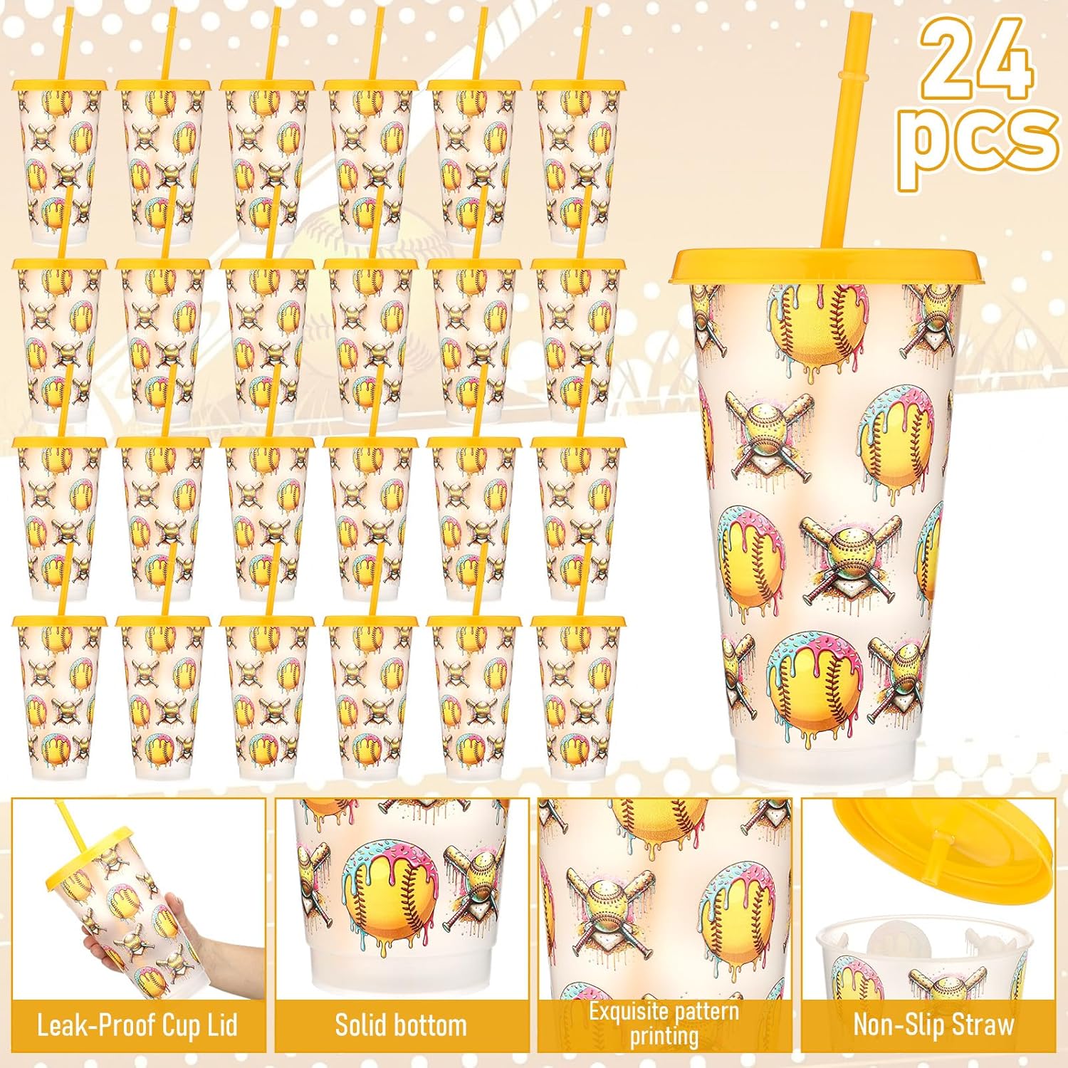 24 Sets Senior Night Softball Ice Cream Drip Party Favors Gifts for Team Bulk 24oz Reusable Tumblers with Lids Straws Softball Plastic Cups Summer Birthday Graduation Party Supplies