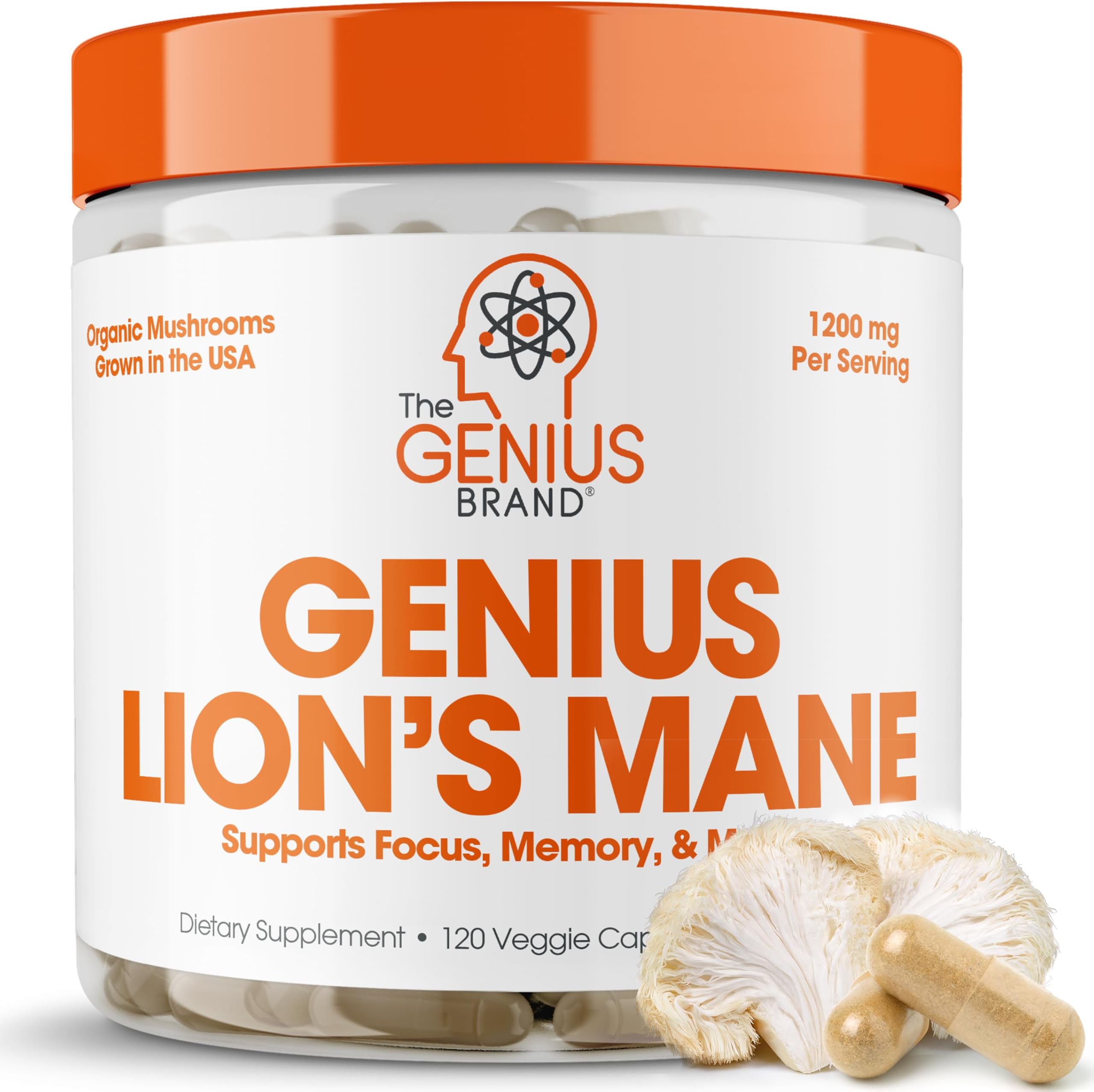 The Genius BrandGenius Lions Mane Cognition Vitamins Supplement Capsules Organic Nootropic Supplement, 1200Mg Per Serving 120 Vegetarian Pills
