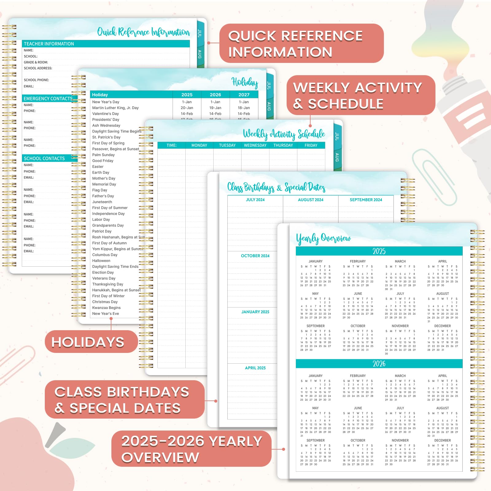 Teacher Planner 2025-2026 - Teacher Lesson Planners 2025-2026 from July 2025- June 2026, Academic Planner for School Year with Colorful Tabs and Inner Pocket, 8.5" x 11" - Image 6
