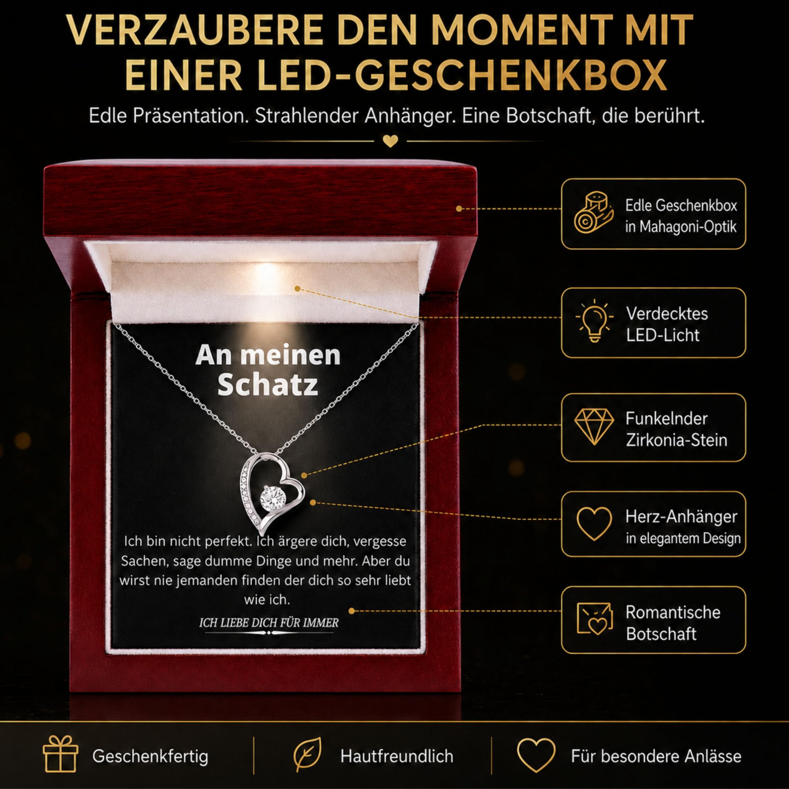 Herz Kette Damen - Geburtstagsgeschenk für Frauen, Geschenke für Freundin, 30. 40. 60 Geburtstaggeschenke mit LED Geschenkbox, Jahrestag Geschenk für Sie