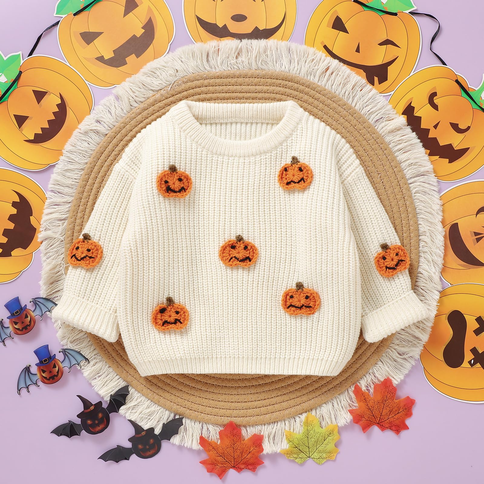 Jersey unisex de Halloween para bebé, manga larga, cuello redondo, calabaza, letra, bordado, jersey de punto para bebé, Halloween, fantasma, calabaza