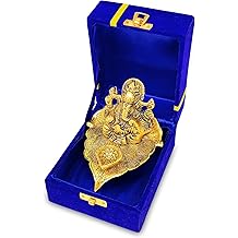 NOBILITY Gold Ganesha on Leaf Statue with Diya Oil Lamp Idol with Blue Gift Box Pooja Items Diwali Decoration Puja Gifts Handmade Oil Lamp Traditional Indian Deepawali Gift Items