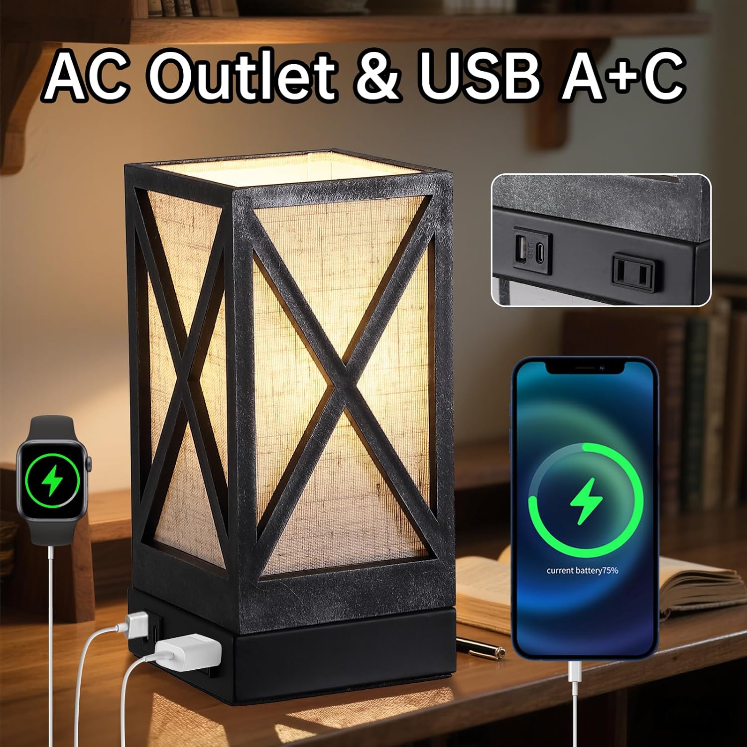 Table Lamp, Set of 2 Rustic Farmhouse Nightstand Lamps, 3 Color Temperatures Desk Lamp with USB Charging Ports AC Outlet Vintage Lamp for Living Room Bed Room, Pewter