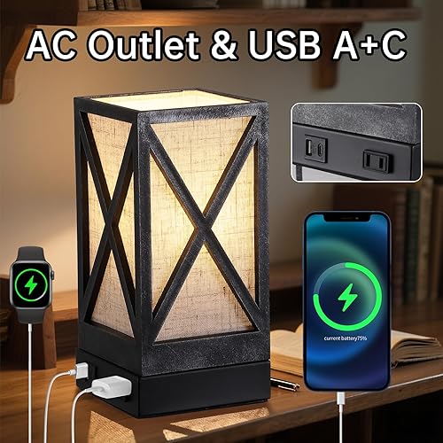 Miniatura 2 de lámpara de mesa, juego de 2 lámparas de mesita de noche rústicas de granja, lámpara de escritorio con 3 temperaturas de color con puertos de carga