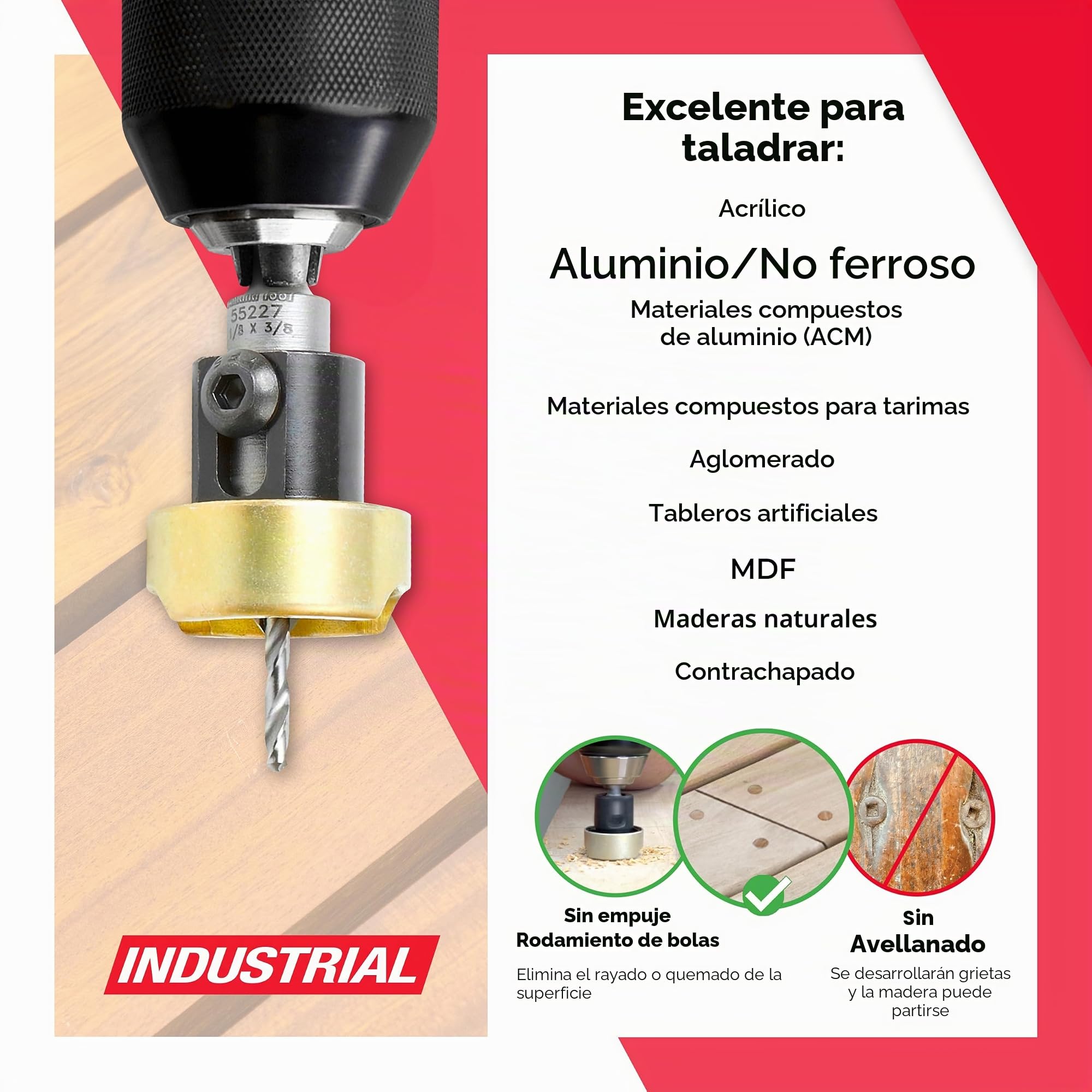 Amana Tool 55227 Avellanador con punta de carburo sin quemaduras y sin cascarones Tope de profundidad ajustable con BB sin empuje, taladro de 3/8 de profundidad x 1/8 de profundidad x 1/4 de pulgada hexagonal de liberación rápida SHK