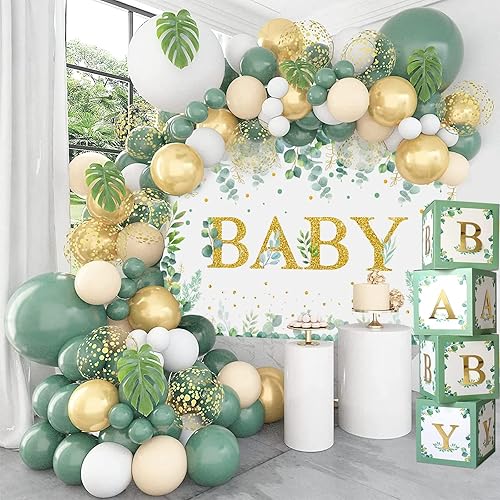 125 decoraciones de baby shower verde salvia, globos retro verdes y dorados de diferentes tamaños, telón de fondo verde para bebé y cajas de bebé