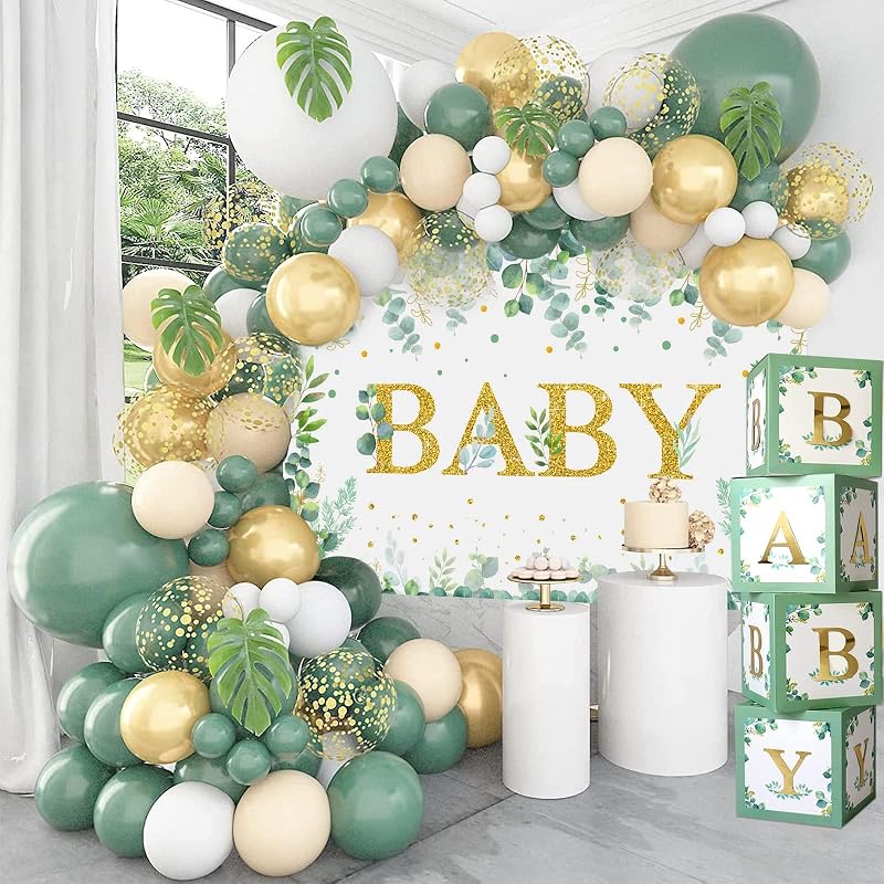 DataMoon Sage Green Baby Shower Decorations for Boys Girls | 125PCS Green Balloon Arch Kit,Balloon Boxes, Backdrop for Woodland Jungle Theme Baby Shower Decor Birthday Party Supplies