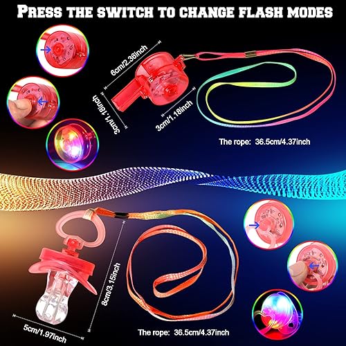 Miniatura 2 de 30 juguetes con luz LED que incluyen 15 chupetes LED, collar, 15 silbatos brillantes con cordones que brillan en la oscuridad, recuerdos de fiesta