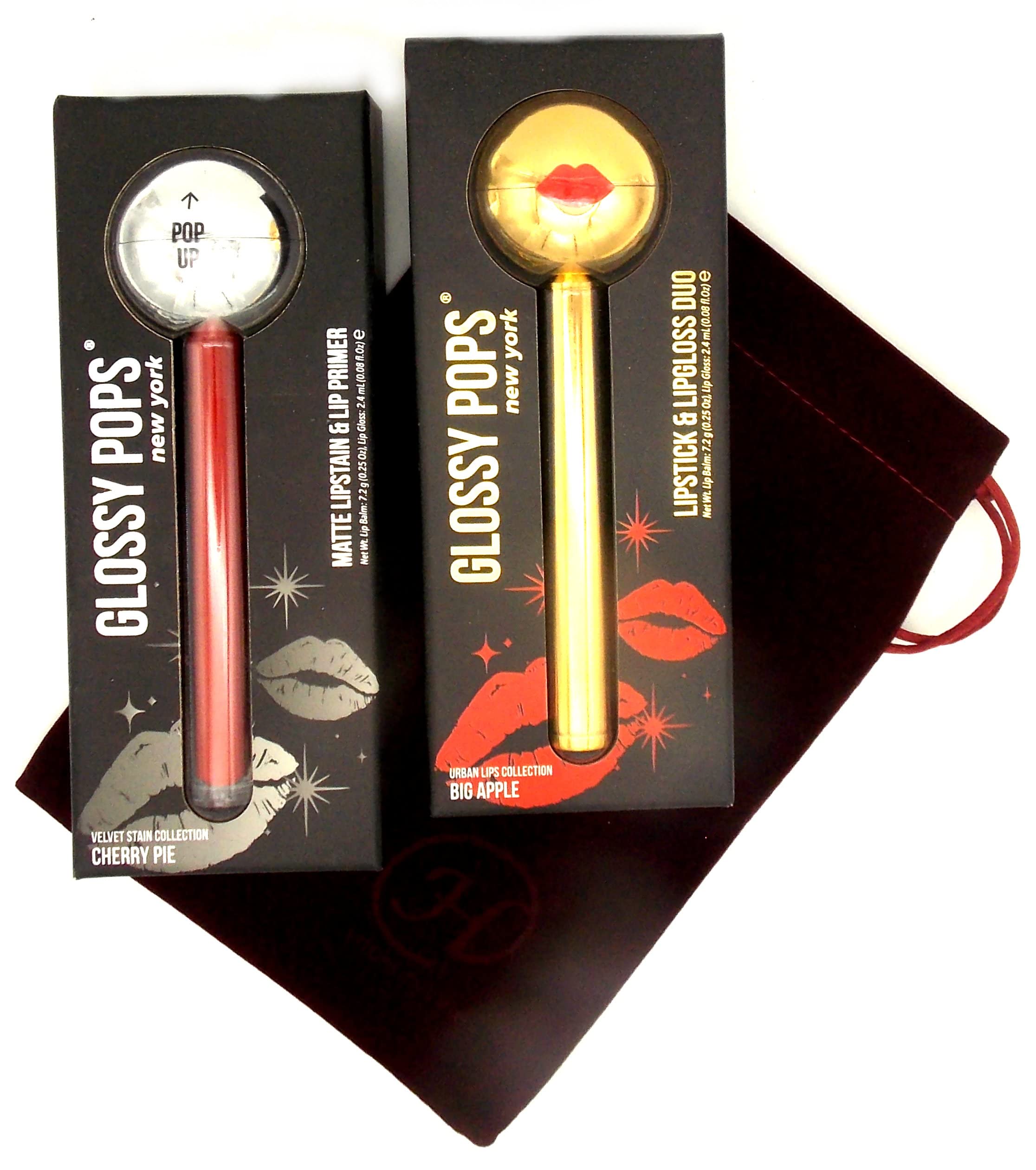 Glossy Pops Bundle - Big Apple Lipstick Lipgloss Duo, Cherry Pie Lipstain Lip Primer Duo & Hickoryville Burgundy Storage Bag