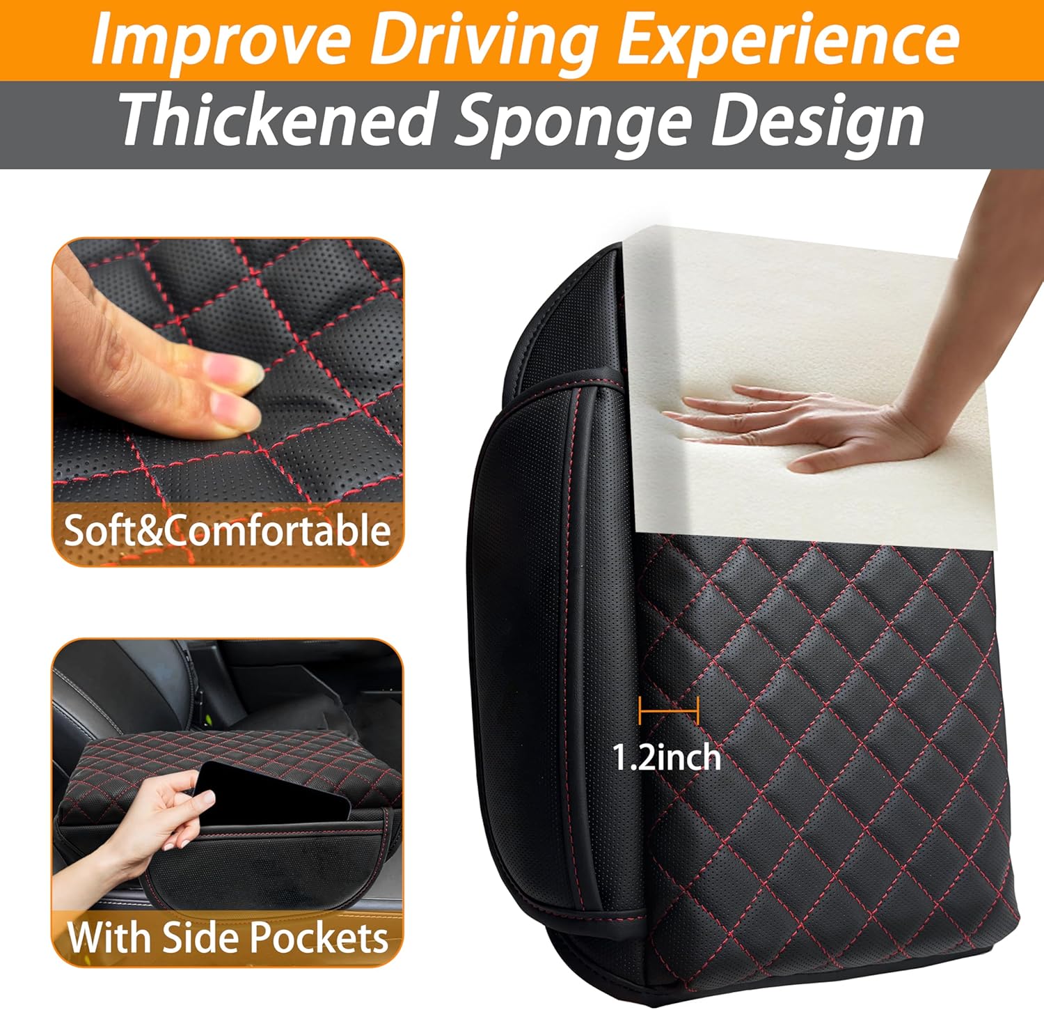 SENSHINE 1.2in Thickness Center Console Cover for Honda CRV Accessories 2023 2024 2025 2026 Middle Console Cover Leather Armrest Box Lid Protector Cushion Pad with Pockets Interior (Red Stitch)
