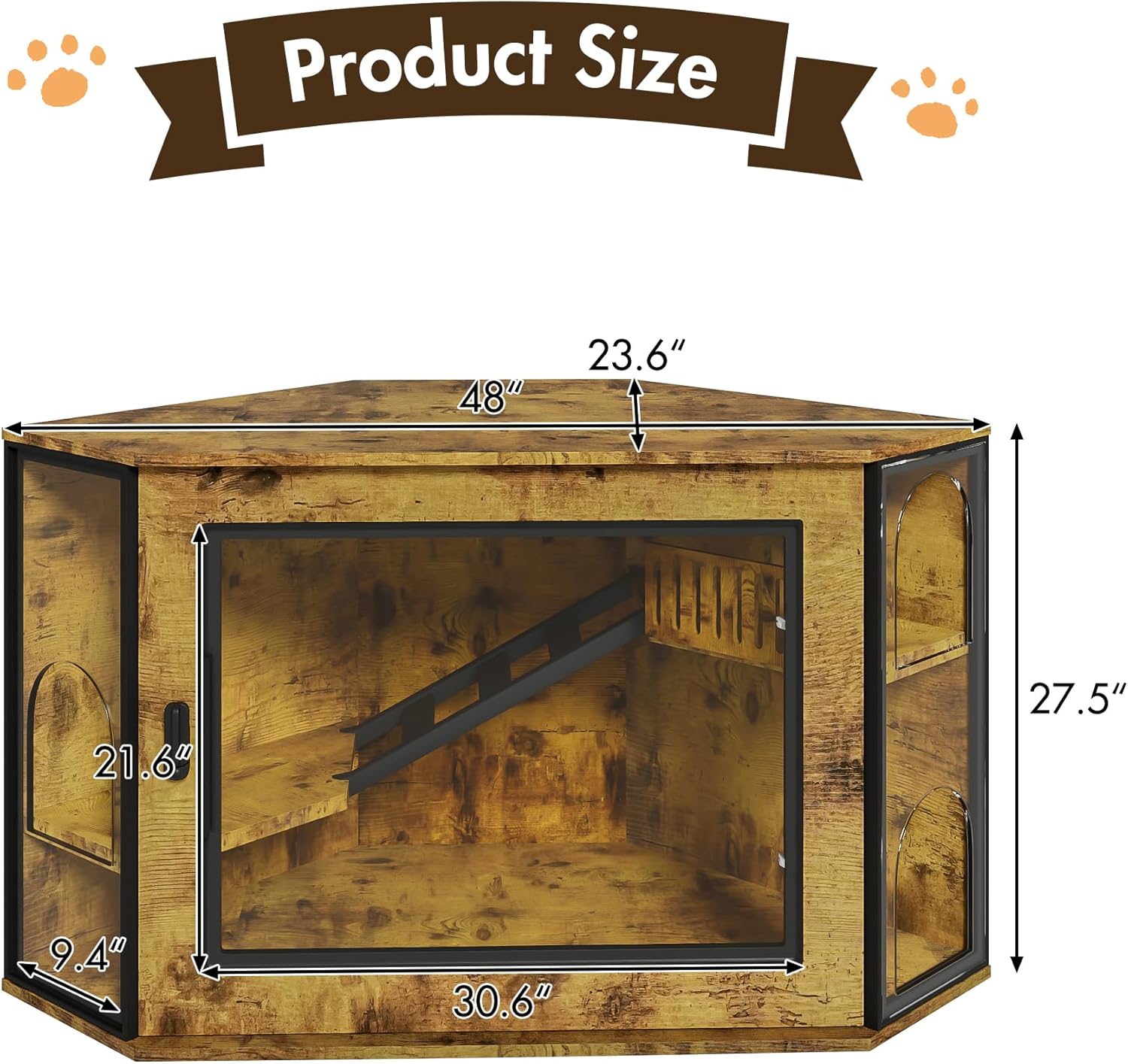 48" Corner Cat Litter Box Enclosure for Small Spaces, Modern Hidden Cat Litter Box Furniture with LED Light & Acrylic Door, Large Cat House with Playground & Stairs (Tiger Wood Grain)