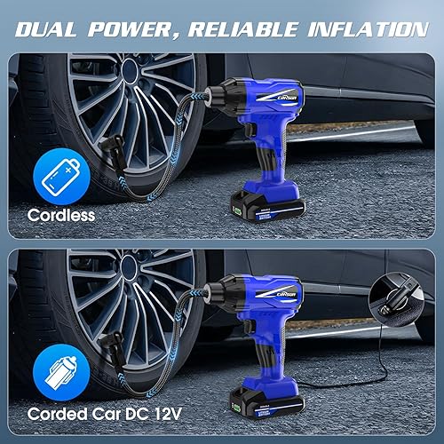 Miniatura 2 de CARSUN Inflador de neumáticos, compresor de aire portátil, bomba de neumáticos de coche inalámbrica con batería recargable de iones de litio 150PSI,