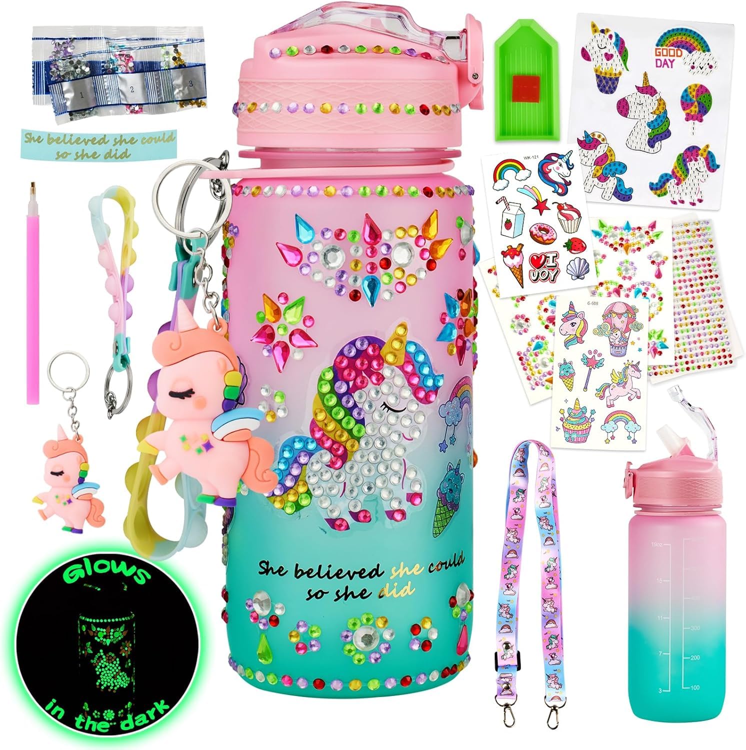 Bemetu Glow in The Dark Decorate Your Own Water Bottle Kit, Unicorn Diamond Painting Crafts, Leak-Proof Water Bottle with Straws Convenient Nozzles