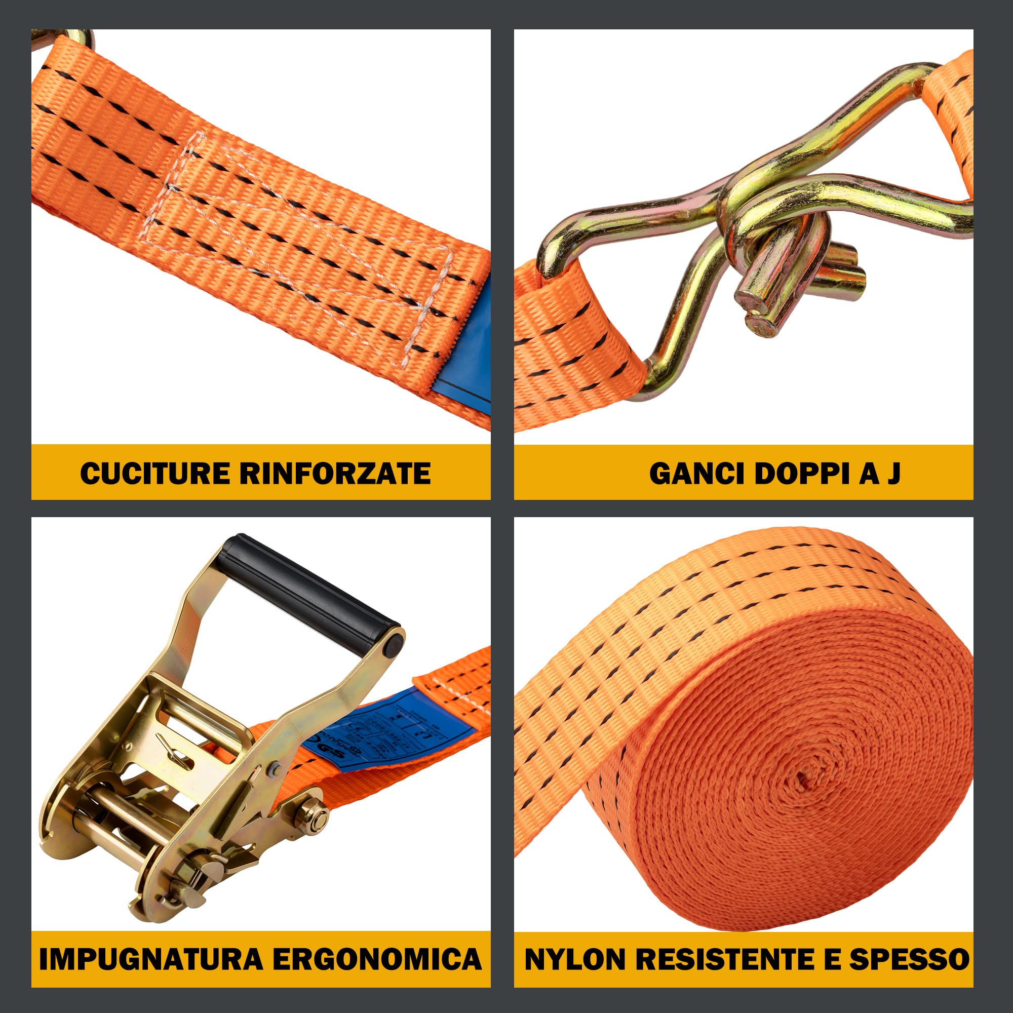 4 Pezzi Cinghie a Cricchetto,Resistenti per Carico 2000 kg,Set di Cinghie di Fissaggio da 4m x 38mm,Cinghie Fissaggio con Cricchetto,per il Fissaggio di Camion e il Raggruppamento di Merci