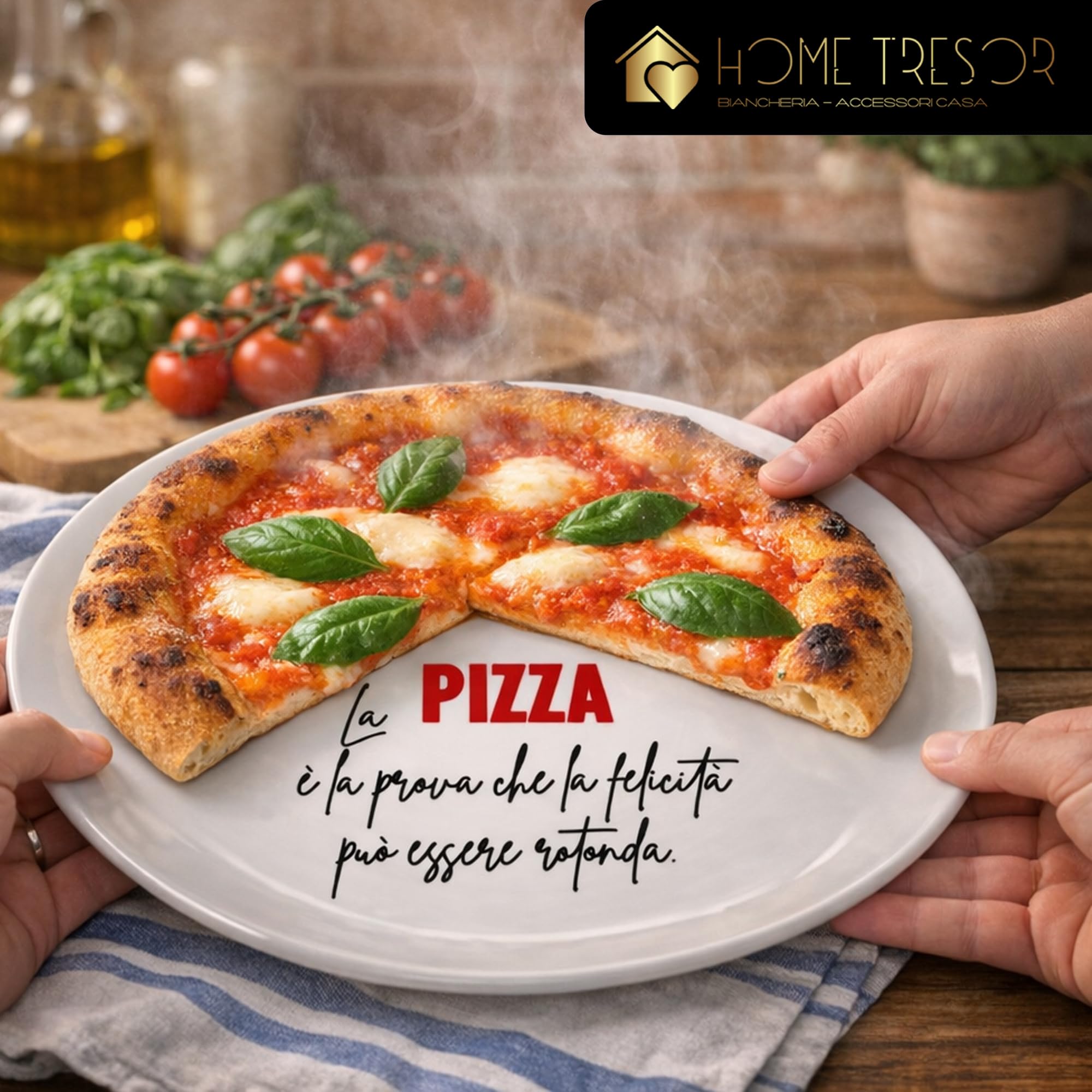 Home Tresor Set 6 Piatti per Pizza Grandi in Porcellana Decorati con Scritte, Piatti Portapizza Rotondi 31 cm Resistenti e Adatti a Microonde e Lavastoviglie Mod. PIZZA Mood