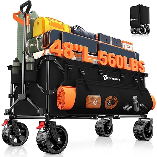 48" L Folding Beach Wagon Cart Foldable, 560LB Weight Capacity 300L Heavy Duty Collapsible Wagons with Big All-Terrain Wheels, Utility Carts for Groceries, Shopping, Camping, Sports - Black