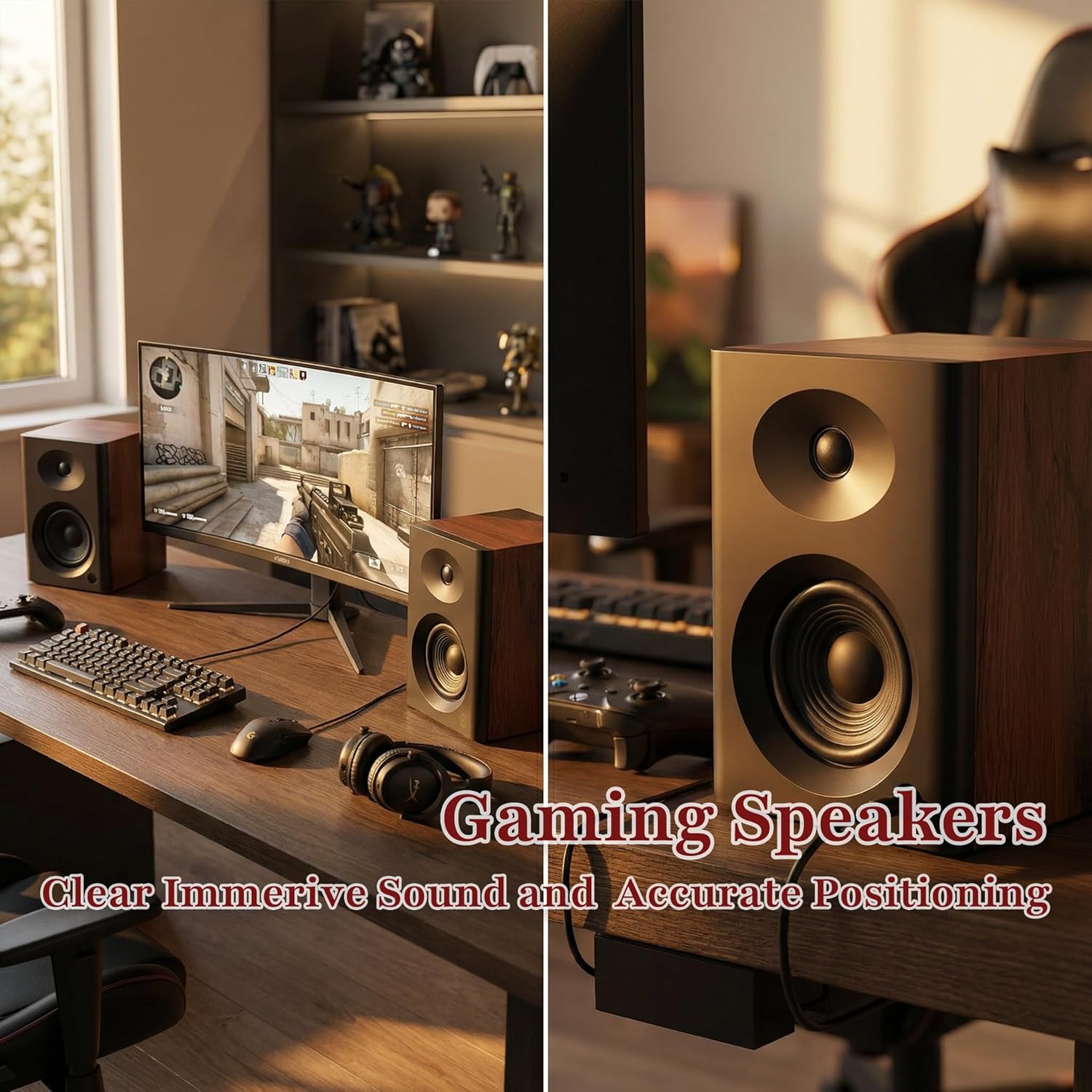 80W HiFi Bookshelf Speakers, 4" Active Powered Speakers with Bluetooth 5.3, Retro Walnut Wooden Enclosure Studio Monitors with Remote Control, Vintage Desktop Audio for Record Player, PC