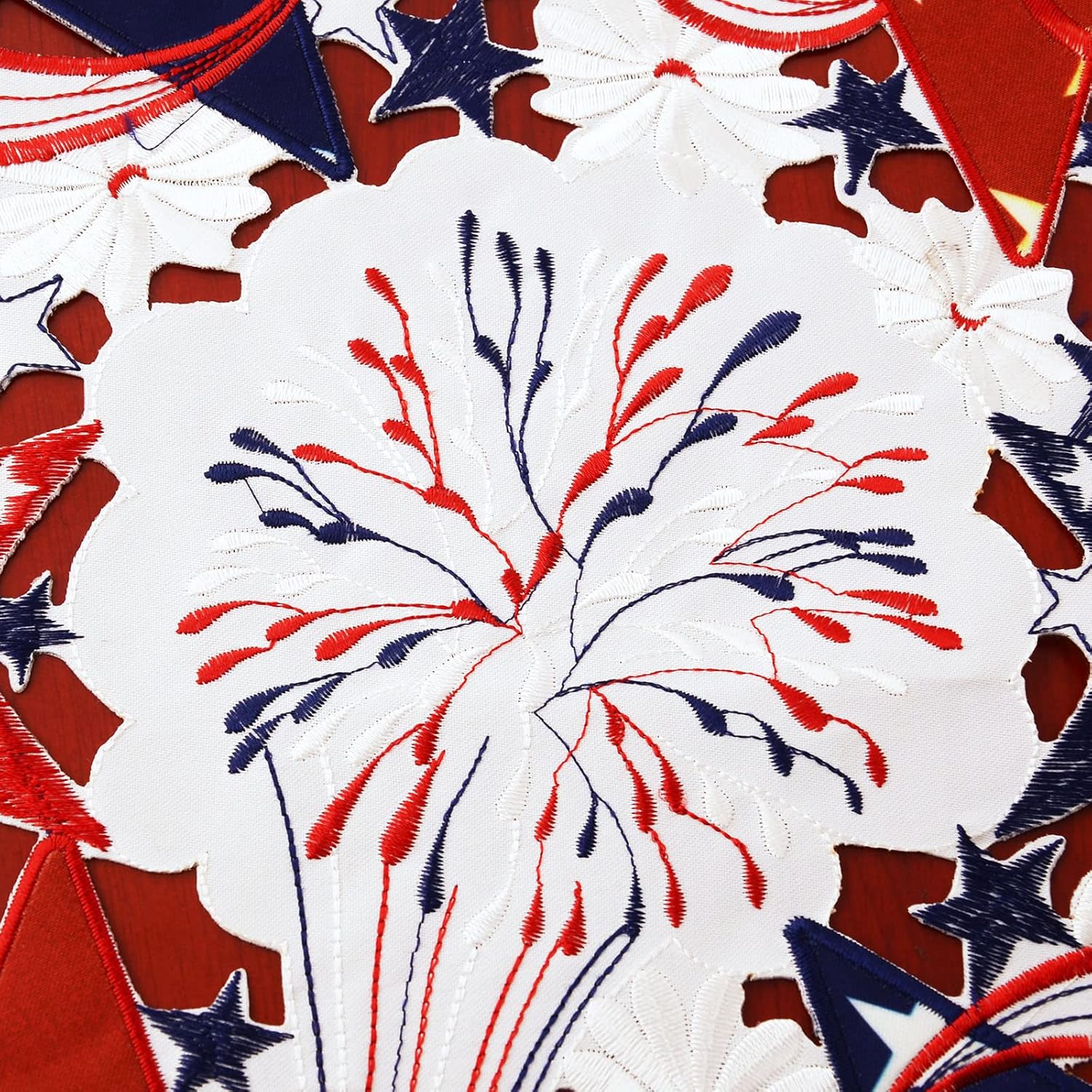 Simhomsen Embroidered July 4th Patriotic Table Runner, 14 x 89 inches, Firework Pattern, Red, White and Blue